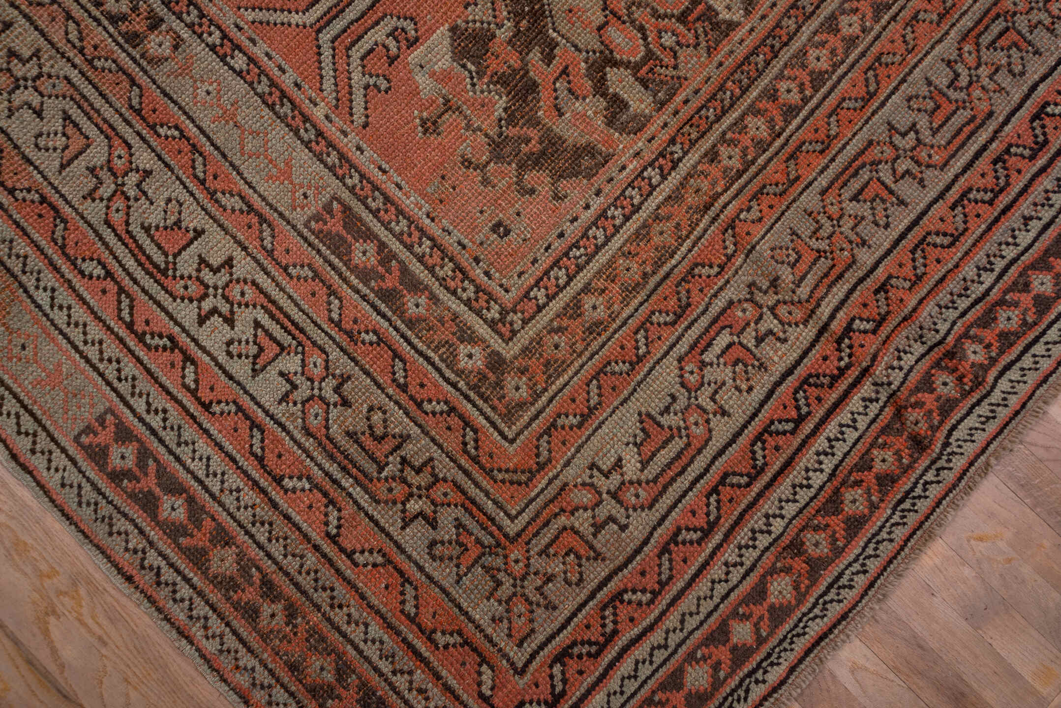 13' x 16' one-of-a-kind handmade antique Oushak oversize rug. Color palette: coral, taupe, charcoal, rose, ivory, brown