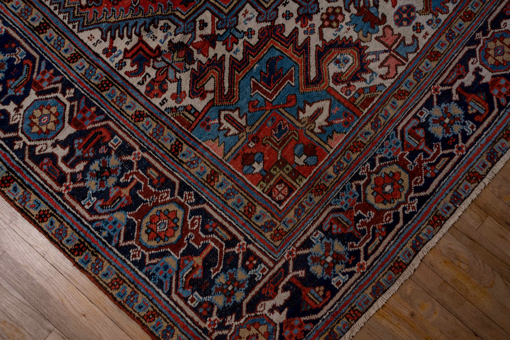 8' x 11' one-of-a-kind handmade antique Heriz large size rug. Color palette: rust, navy, ivory, sky blue, slate, camel