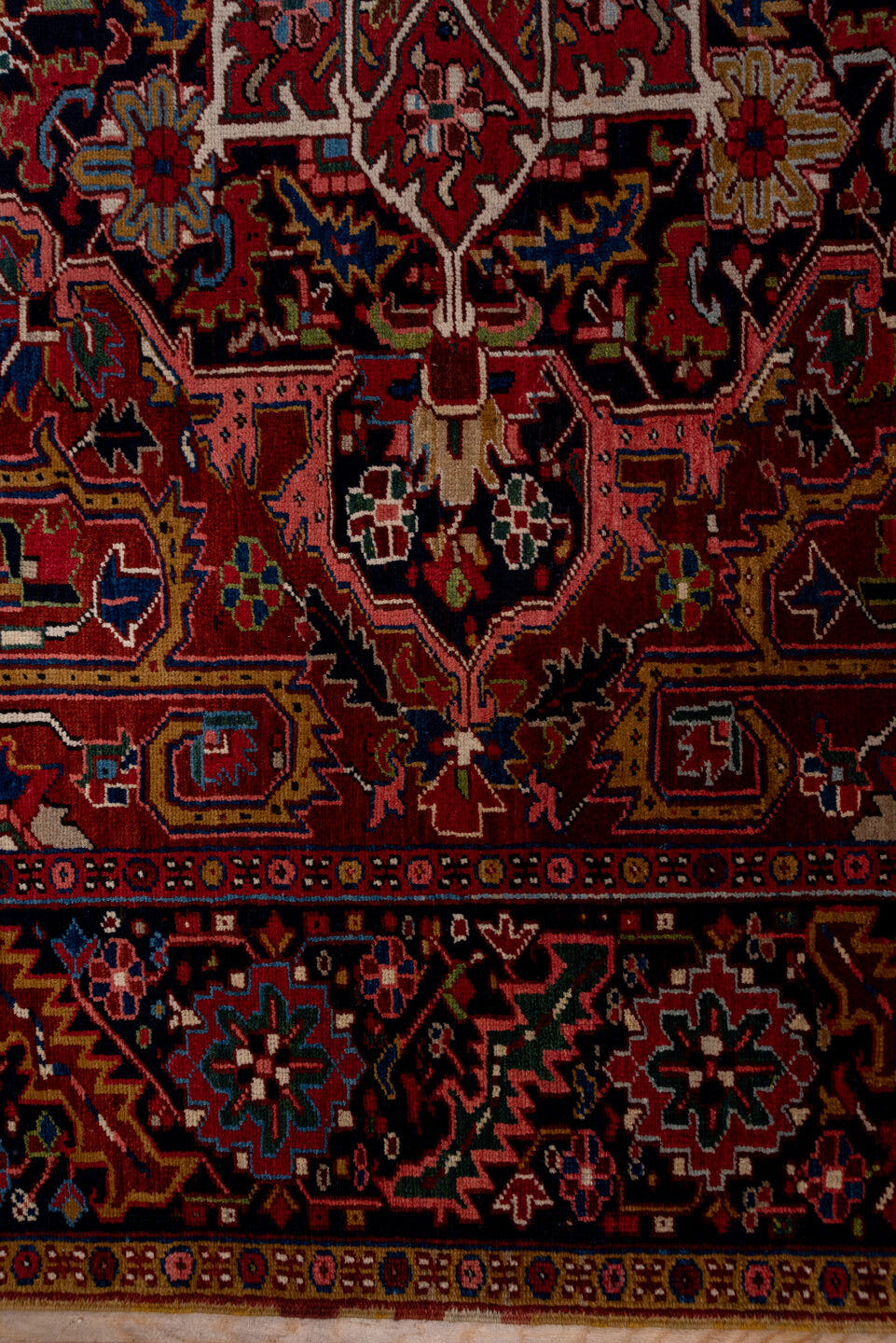 8' x 12' one-of-a-kind handmade antique Heriz large size rug. Color palette: rust, navy, ivory, brick, rose, sky_blue, olive
