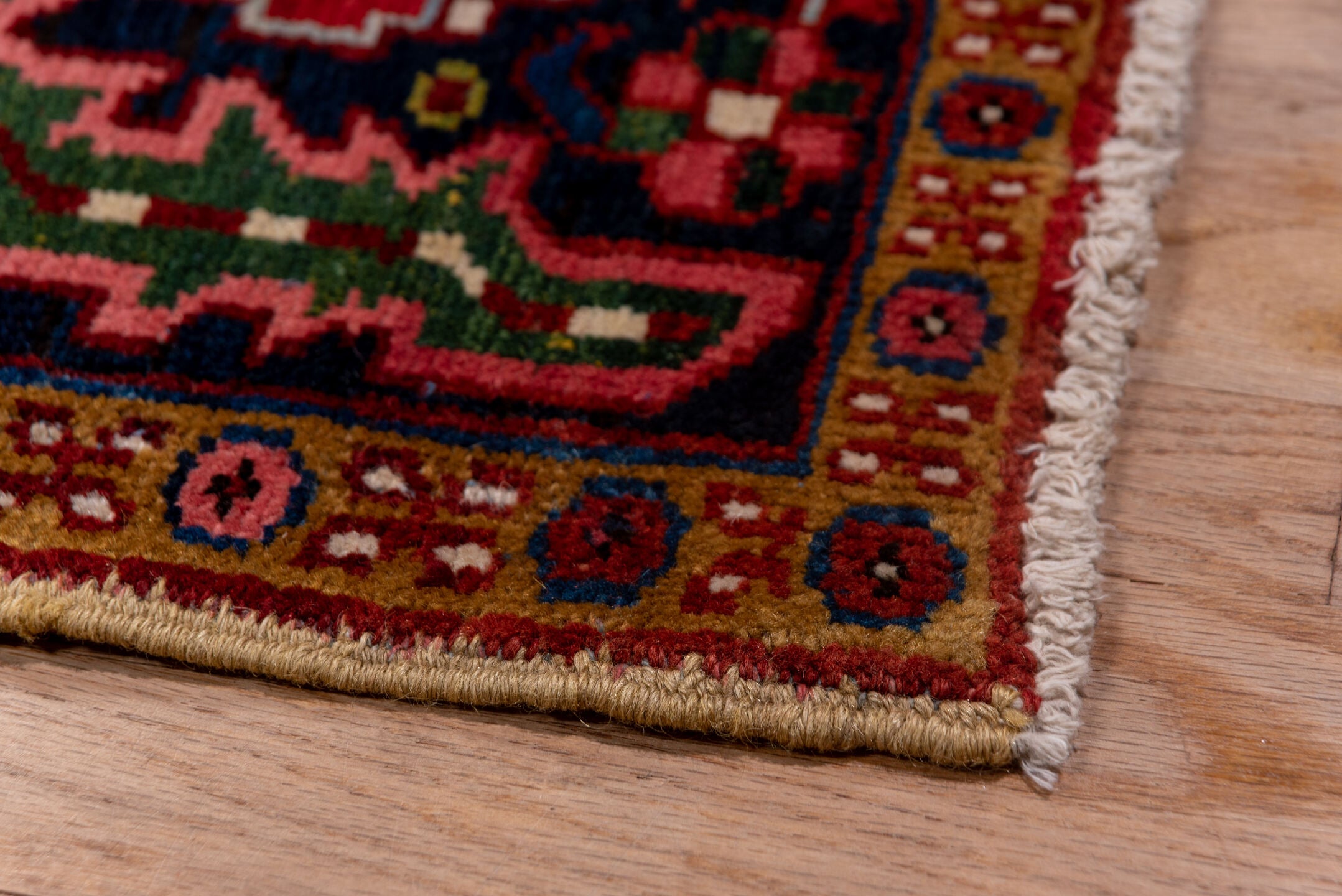 8' x 12' one-of-a-kind handmade vintage Heriz large size rug. Color palette: blue, brown, dim gray, gray, pink, red, redwood