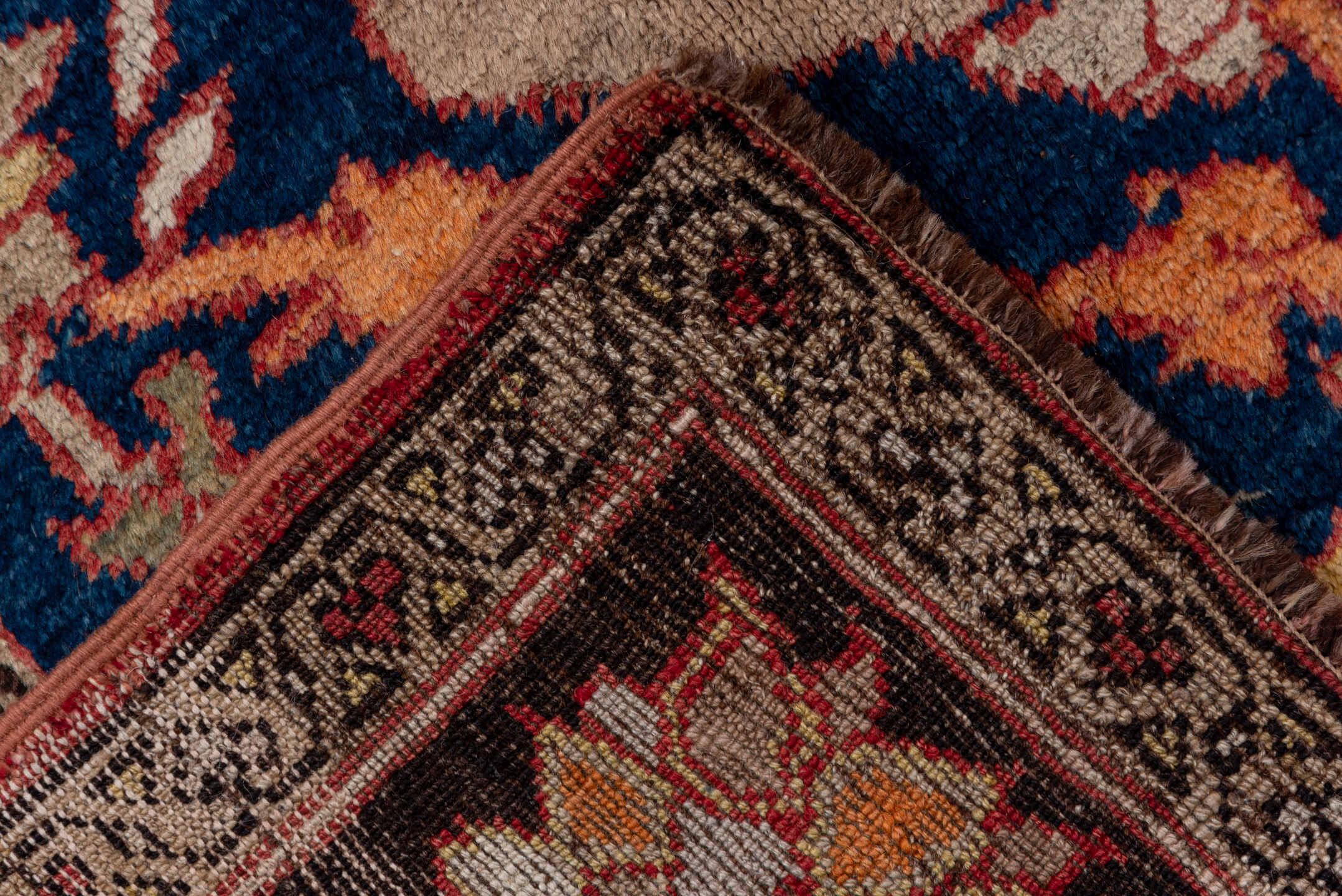 6' x 10' one-of-a-kind handmade vintage Oushak large size rug. Color palette: terra cotta, navy, ivory, burgundy, rose, gold