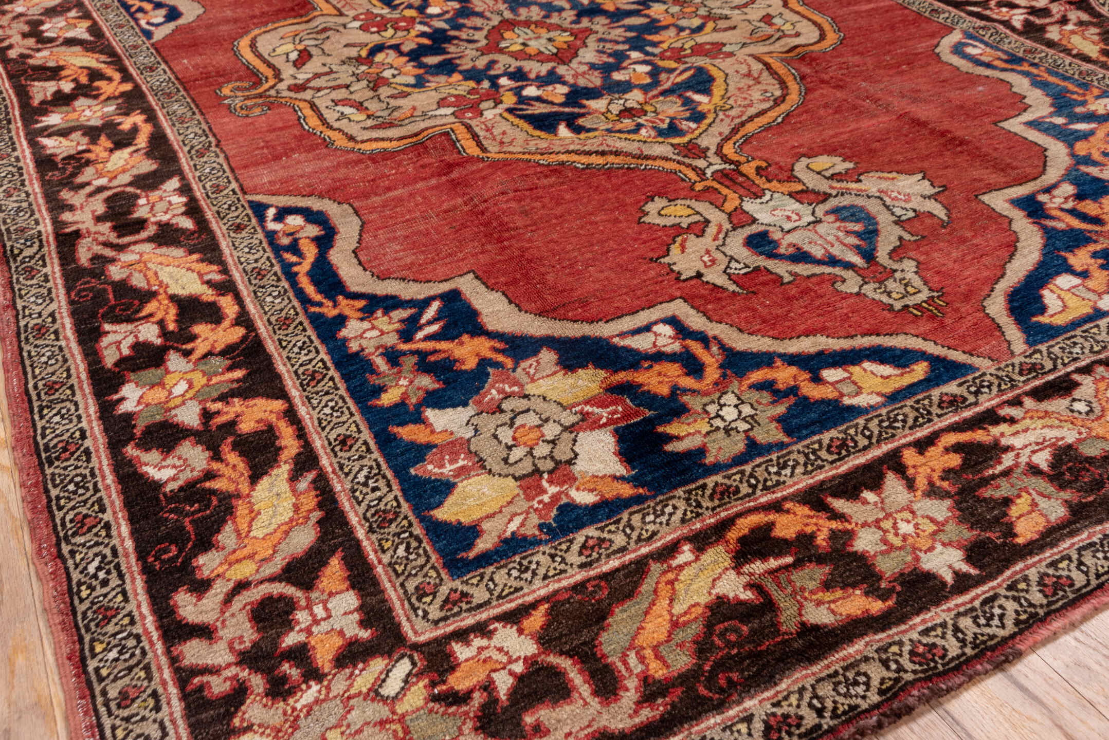 6' x 10' one-of-a-kind handmade vintage Oushak large size rug. Color palette: terra cotta, navy, ivory, burgundy, rose, gold