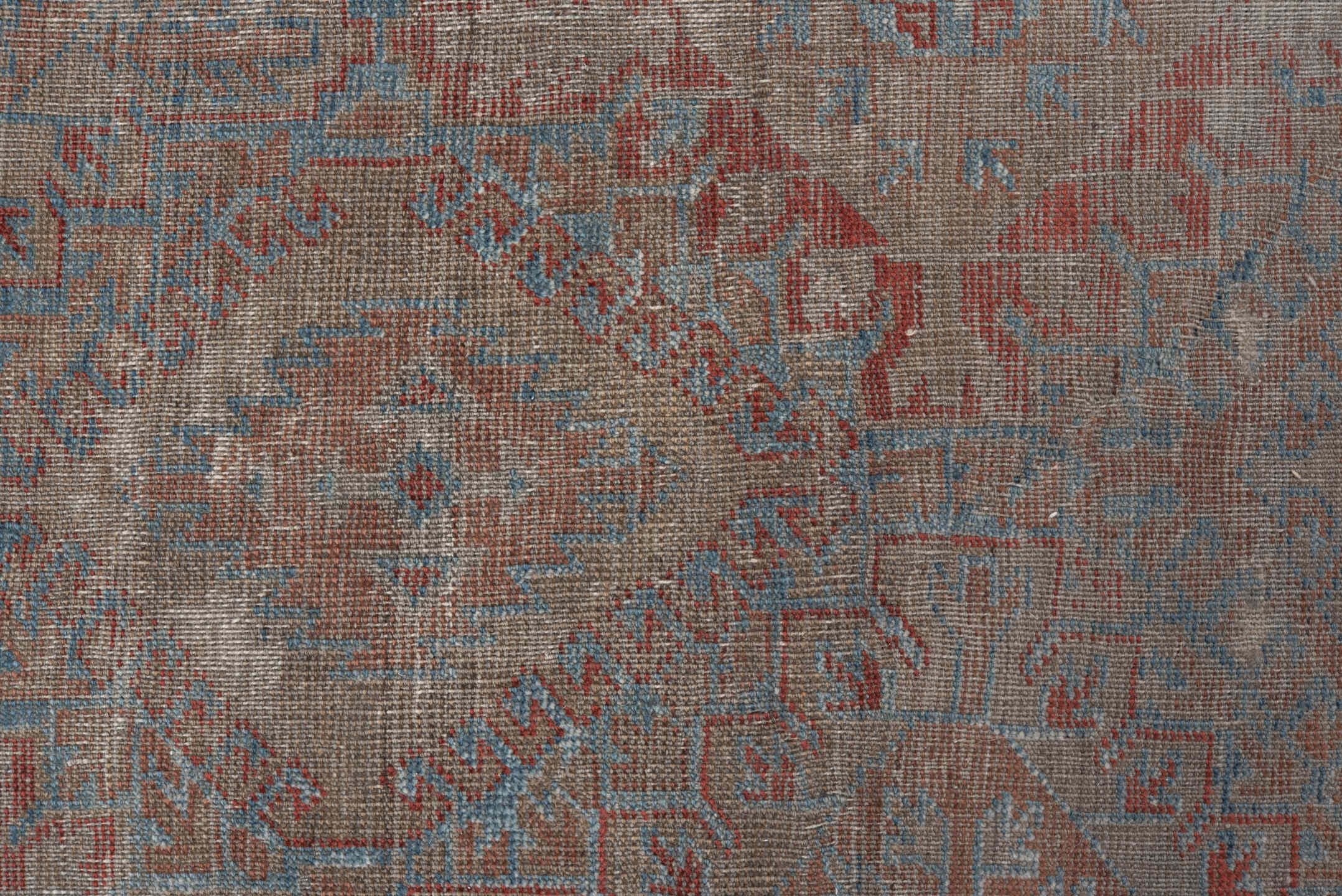 5' x 10' one-of-a-kind handmade vintage Belouch runner rug. Color palette: taupe, ivory, sky blue, rust, brown, camel