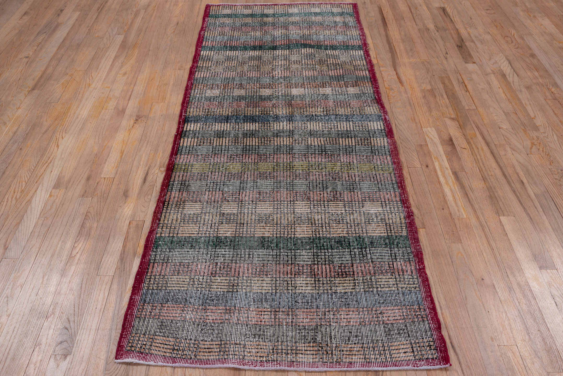 3' x 8' one-of-a-kind handmade vintage Oushak runner rug. Color palette: black, brown, charcoal, dim gray, gray, light gray