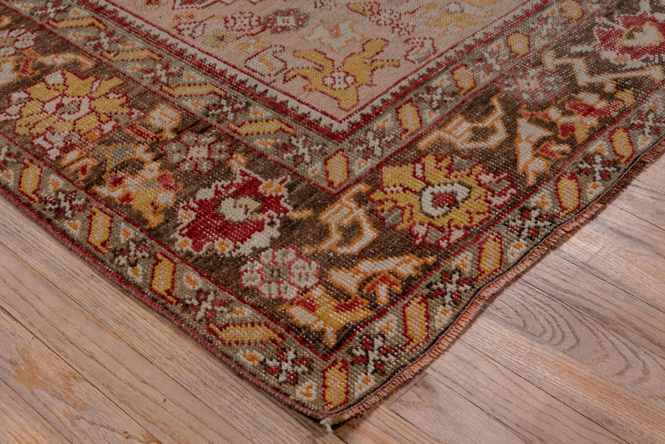 5' x 8' one-of-a-kind handmade vintage Oushak medium size rug. Color palette: rose, ivory, brown, taupe, gold, sage