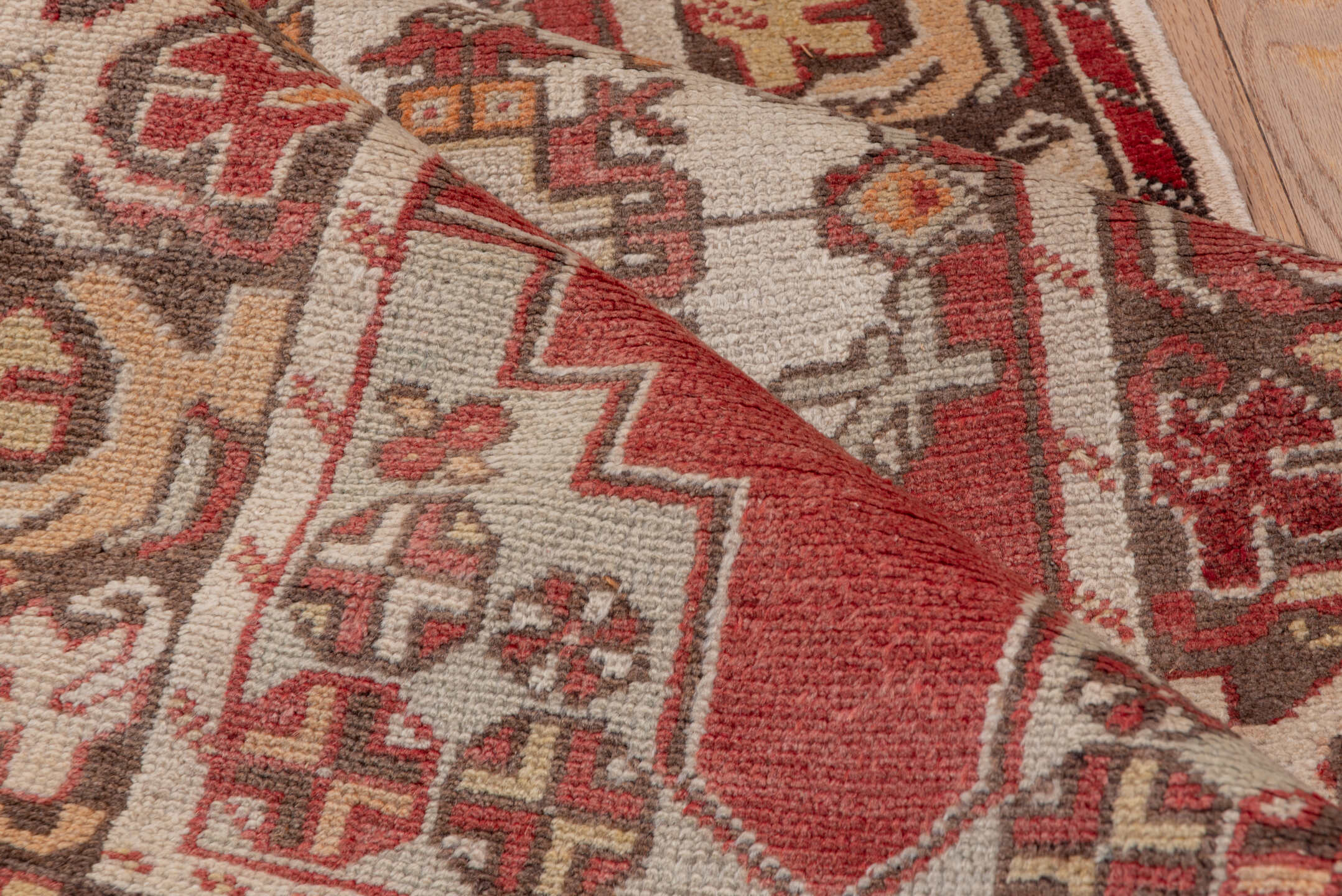 2' x 9' one-of-a-kind handmade vintage Oushak runner rug. Color palette: rust, ivory, charcoal, terra cotta, camel, rose
