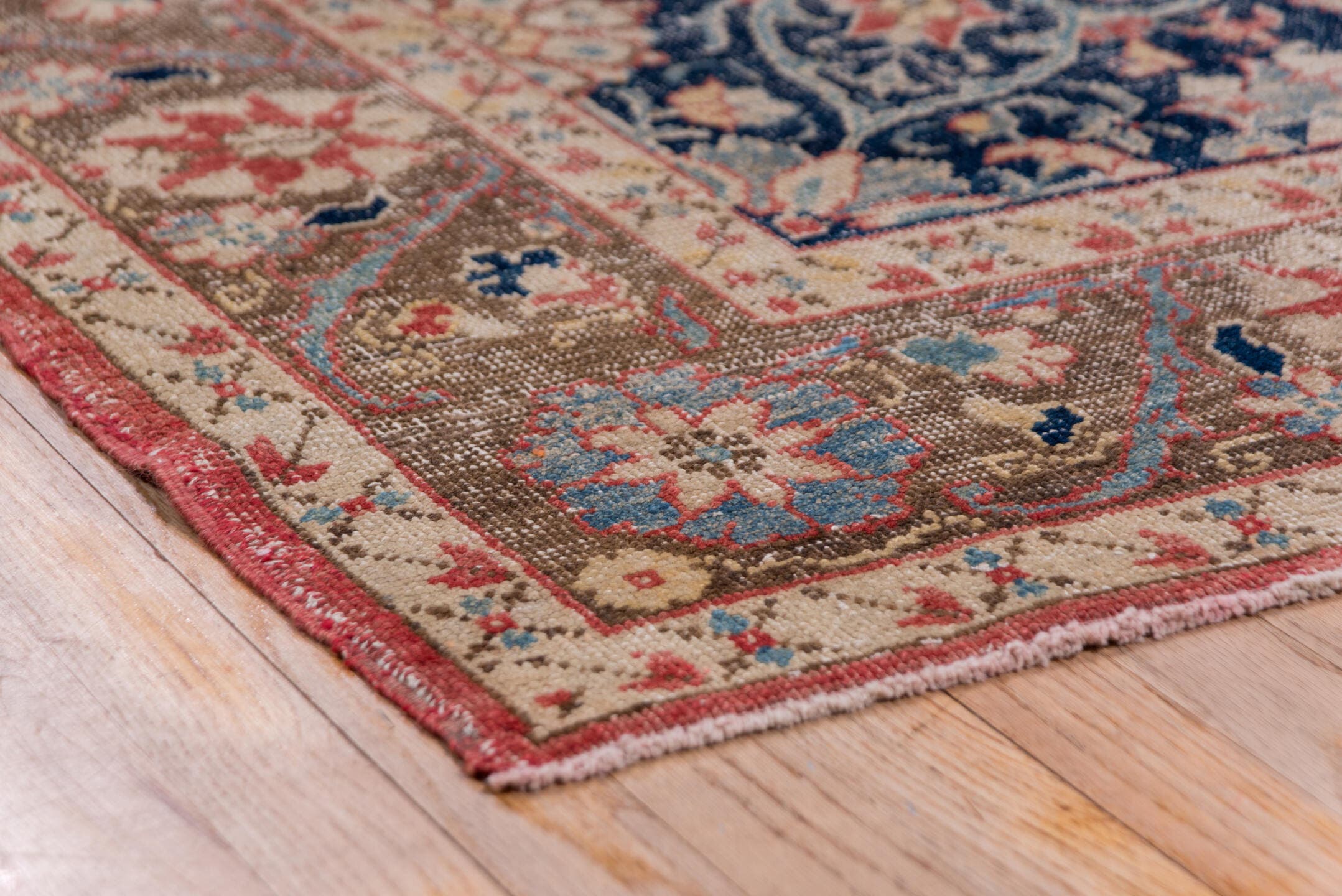 6' x 11' one-of-a-kind handmade vintage Oushak large size rug. Color palette: coral, navy, ivory, taupe, rose, slate, camel