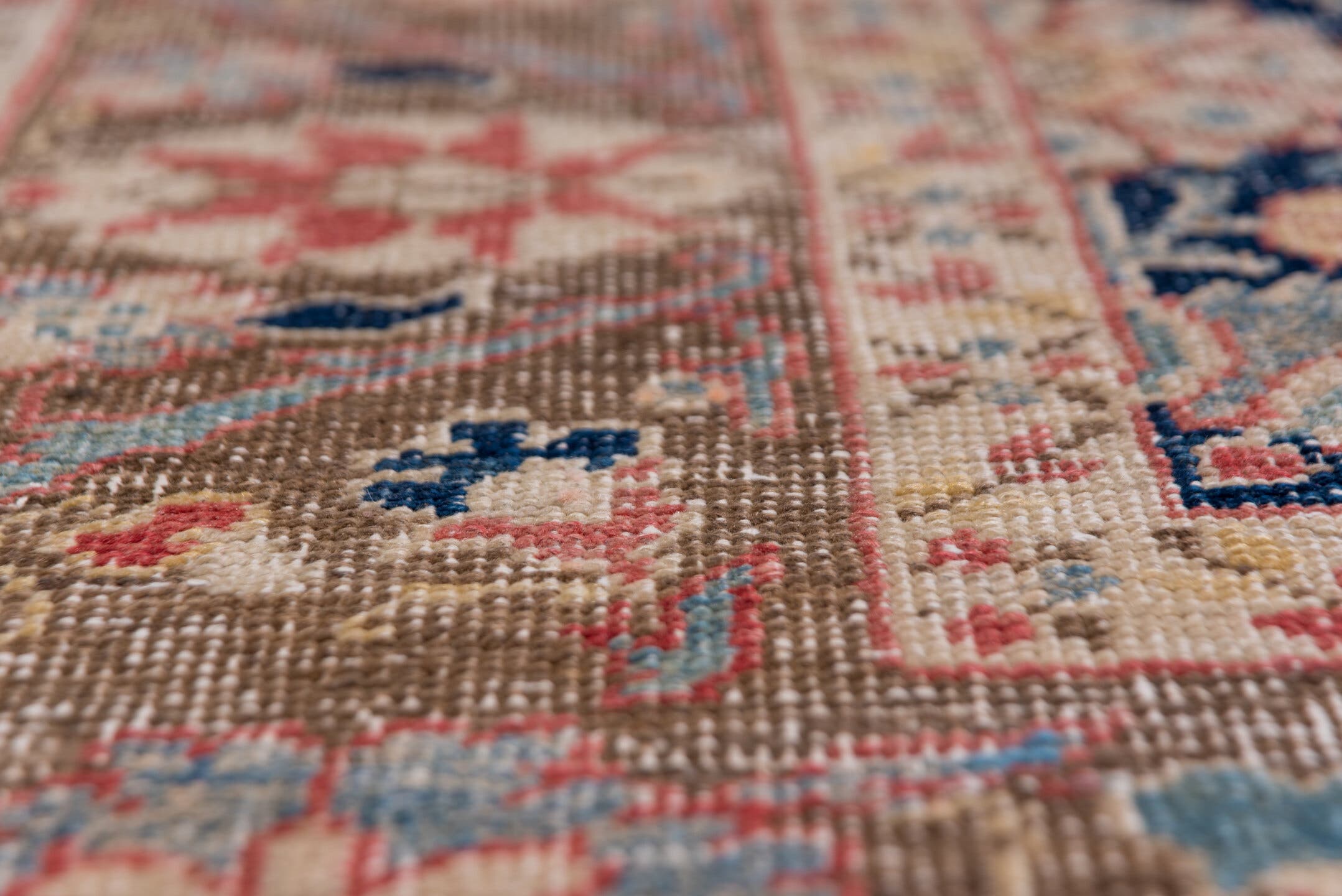 6' x 11' one-of-a-kind handmade vintage Oushak large size rug. Color palette: coral, navy, ivory, taupe, rose, slate, camel