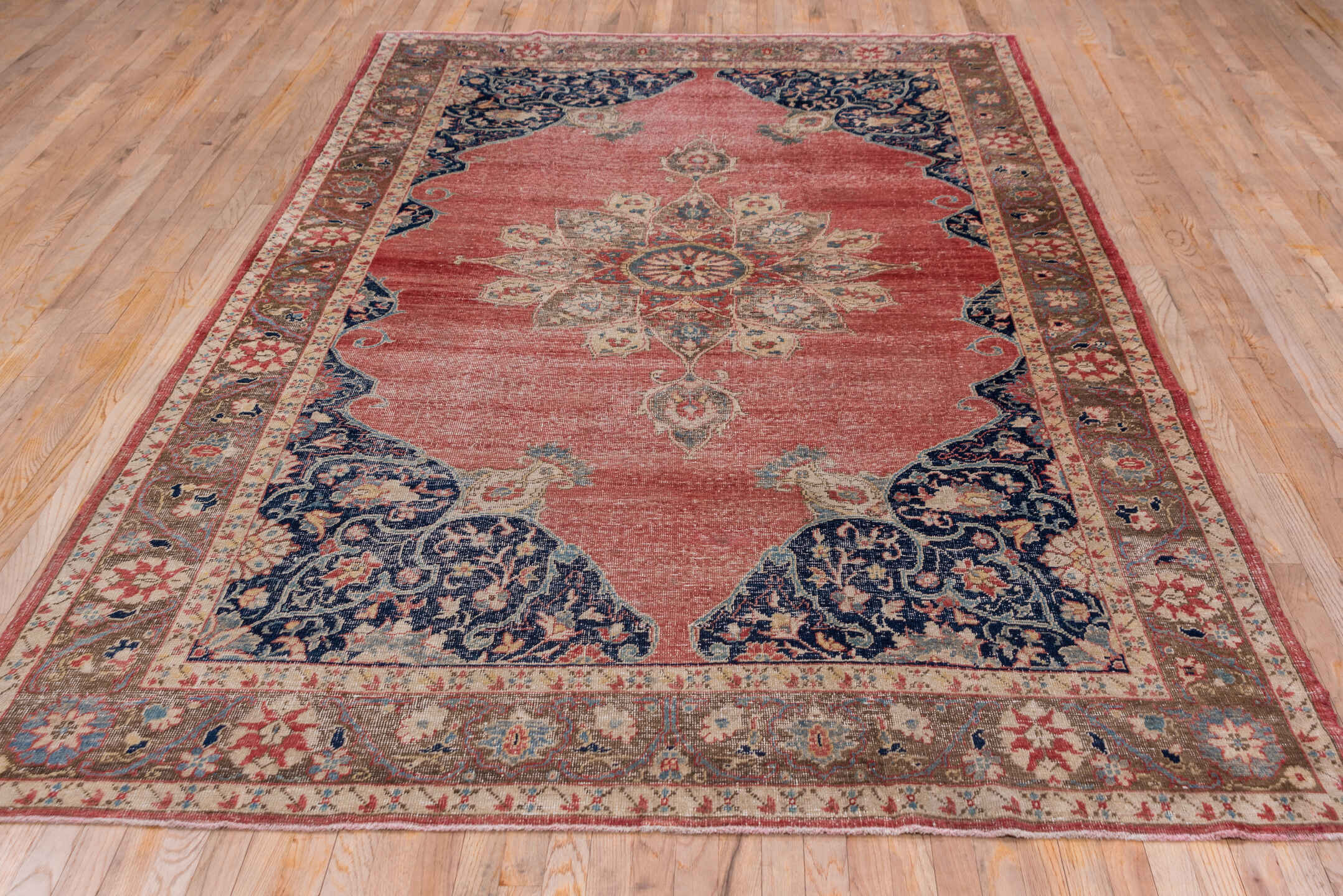 6' x 11' one-of-a-kind handmade vintage Oushak large size rug. Color palette: coral, navy, ivory, taupe, rose, slate, camel