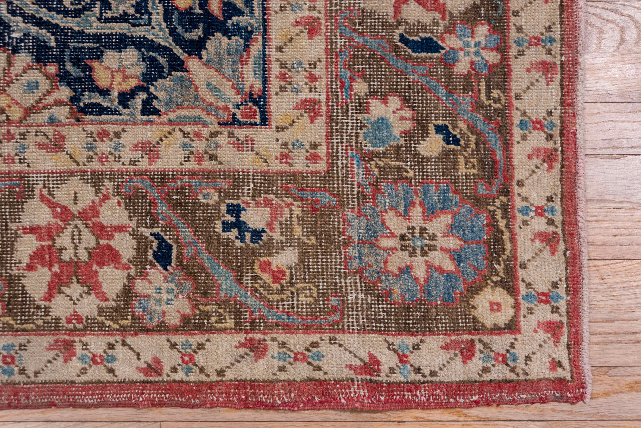 6' x 11' one-of-a-kind handmade vintage Oushak large size rug. Color palette: coral, navy, ivory, taupe, rose, slate, camel