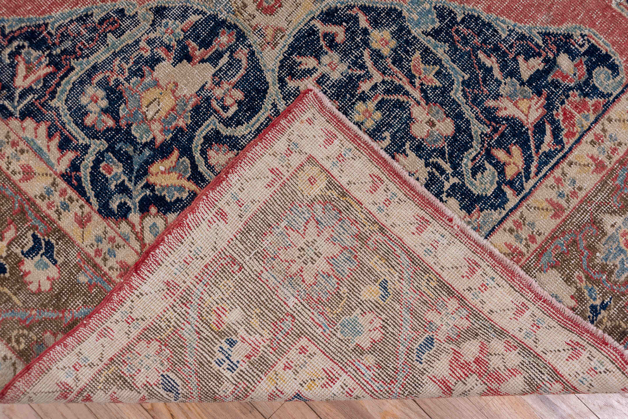 6' x 11' one-of-a-kind handmade vintage Oushak large size rug. Color palette: coral, navy, ivory, taupe, rose, slate, camel
