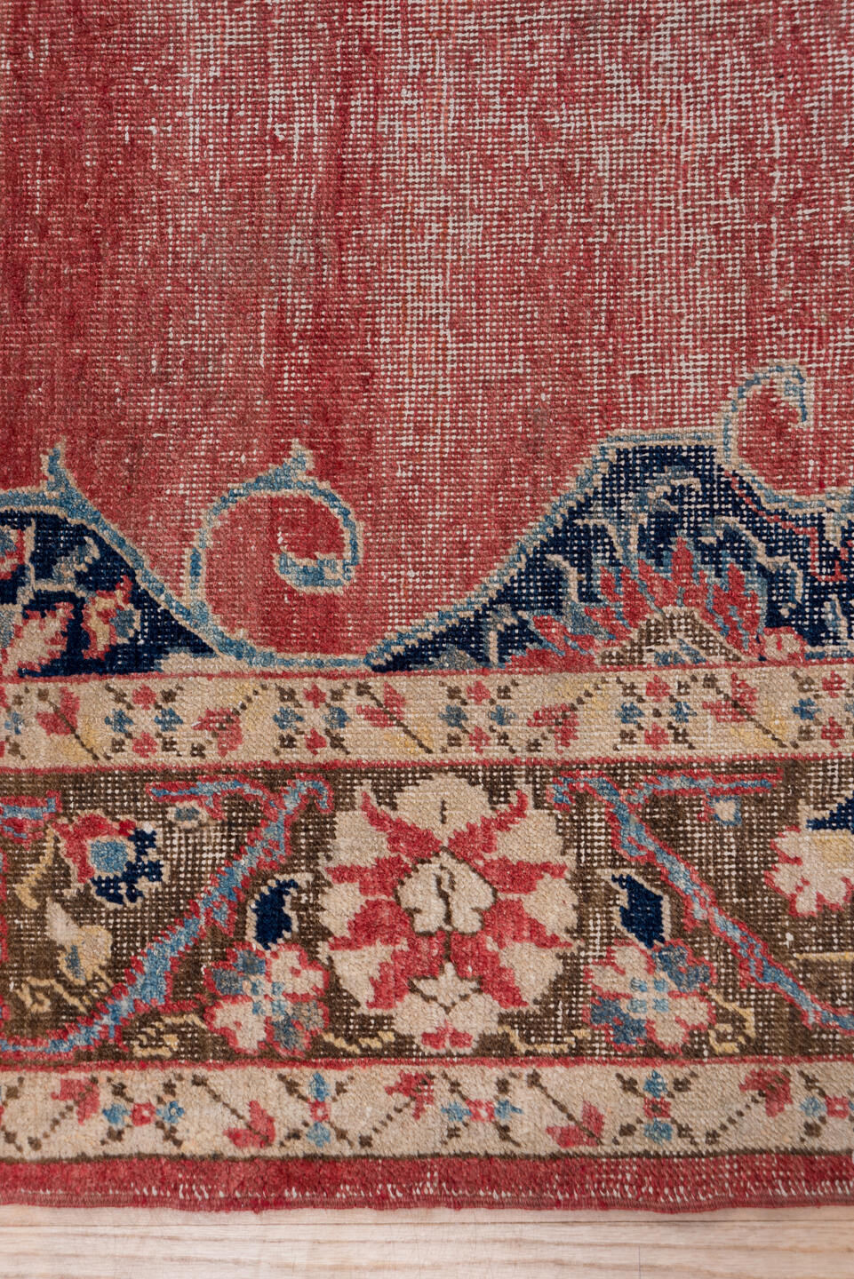 6' x 11' one-of-a-kind handmade vintage Oushak large size rug. Color palette: coral, navy, ivory, taupe, rose, slate, camel