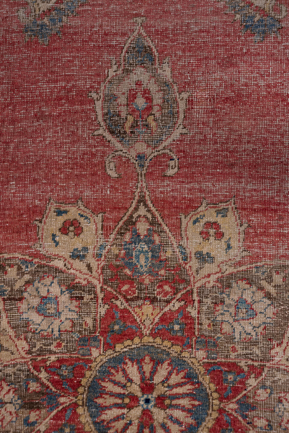 6' x 11' one-of-a-kind handmade vintage Oushak large size rug. Color palette: coral, navy, ivory, taupe, rose, slate, camel