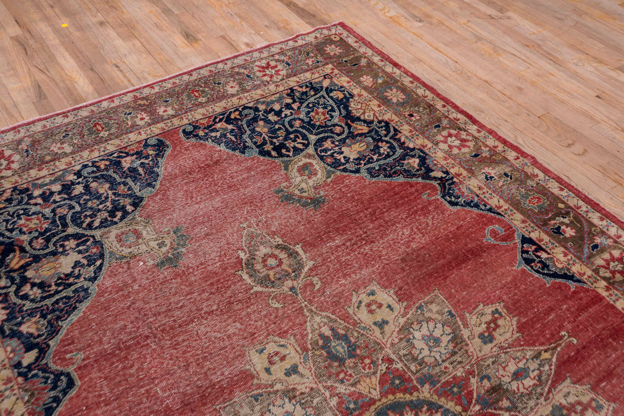 6' x 11' one-of-a-kind handmade vintage Oushak large size rug. Color palette: coral, navy, ivory, taupe, rose, slate, camel