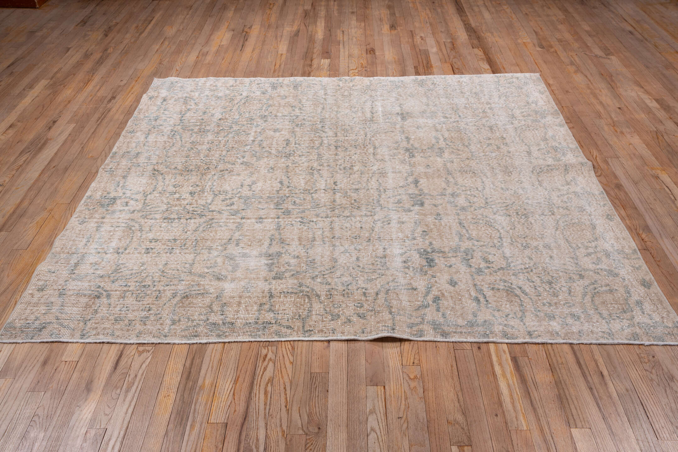 6' x 7' one-of-a-kind handmade vintage Oushak rug. Color palette: ivory, blush, pale blue, taupe, cream, pink, light blue