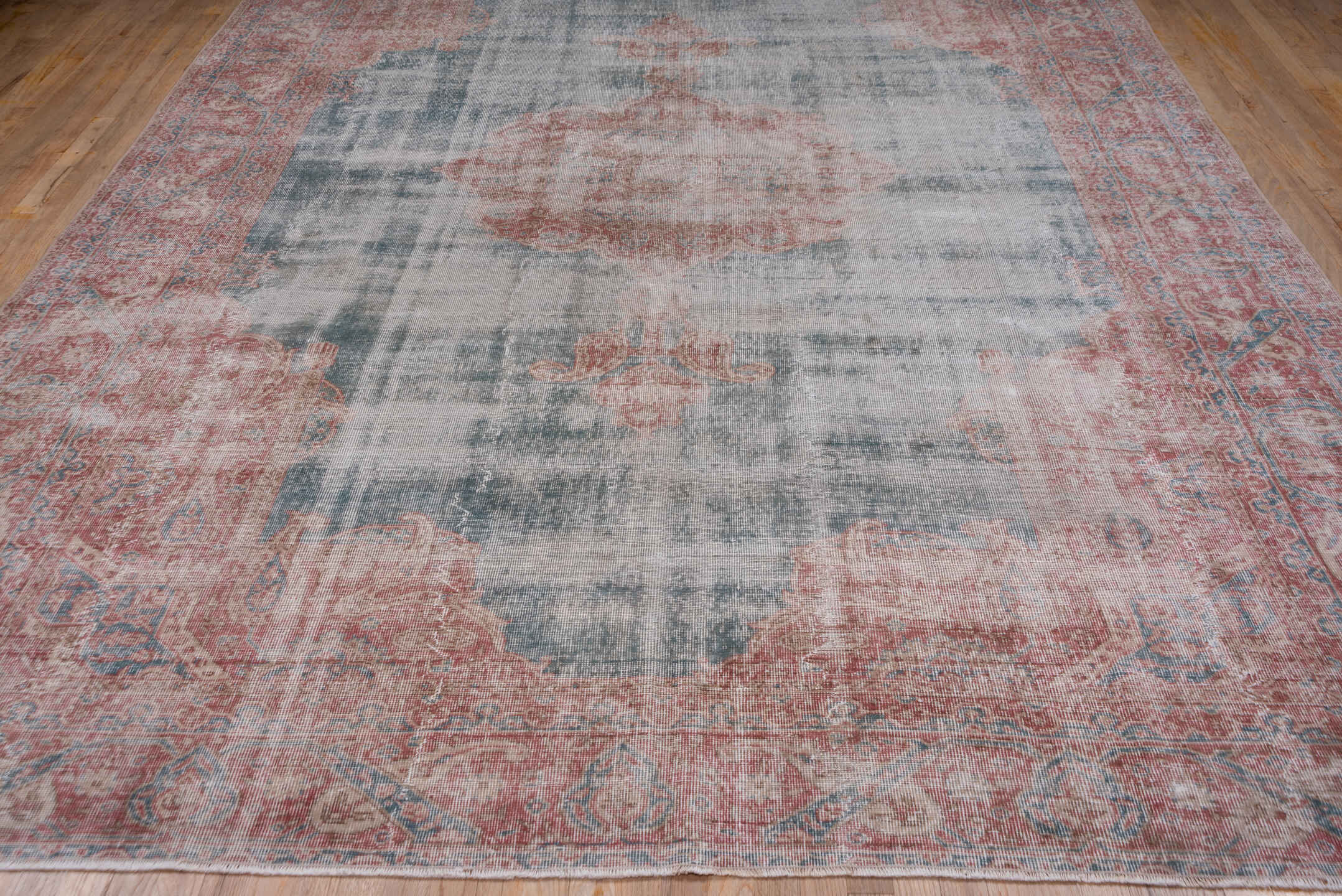 8' x 12' one-of-a-kind handmade vintage Oushak large size rug. Color palette: blue-gray, blush, rose, ivory, pale blue