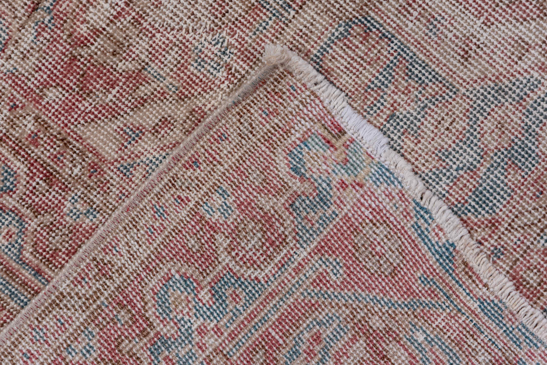 8' x 12' one-of-a-kind handmade vintage Oushak large size rug. Color palette: blue-gray, blush, rose, ivory, pale blue
