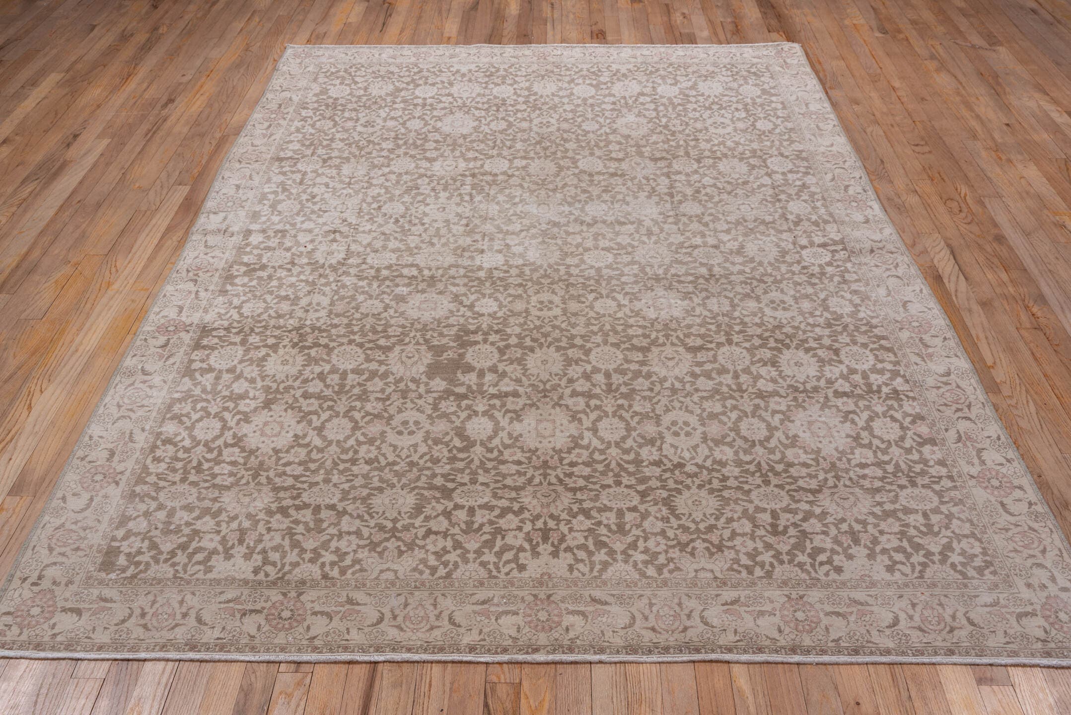 6' x 9' one-of-a-kind handmade vintage Hereke medium size rug. Color palette: taupe, ivory, rose, blush, beige, gray, pink