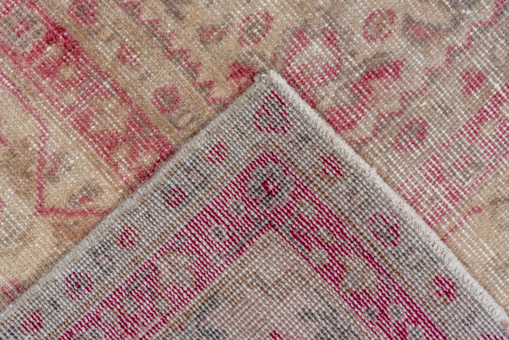 8' x 10' one-of-a-kind handmade vintage Oushak large size rug. Color palette: brown, gray, light gray, off-white, pink, red