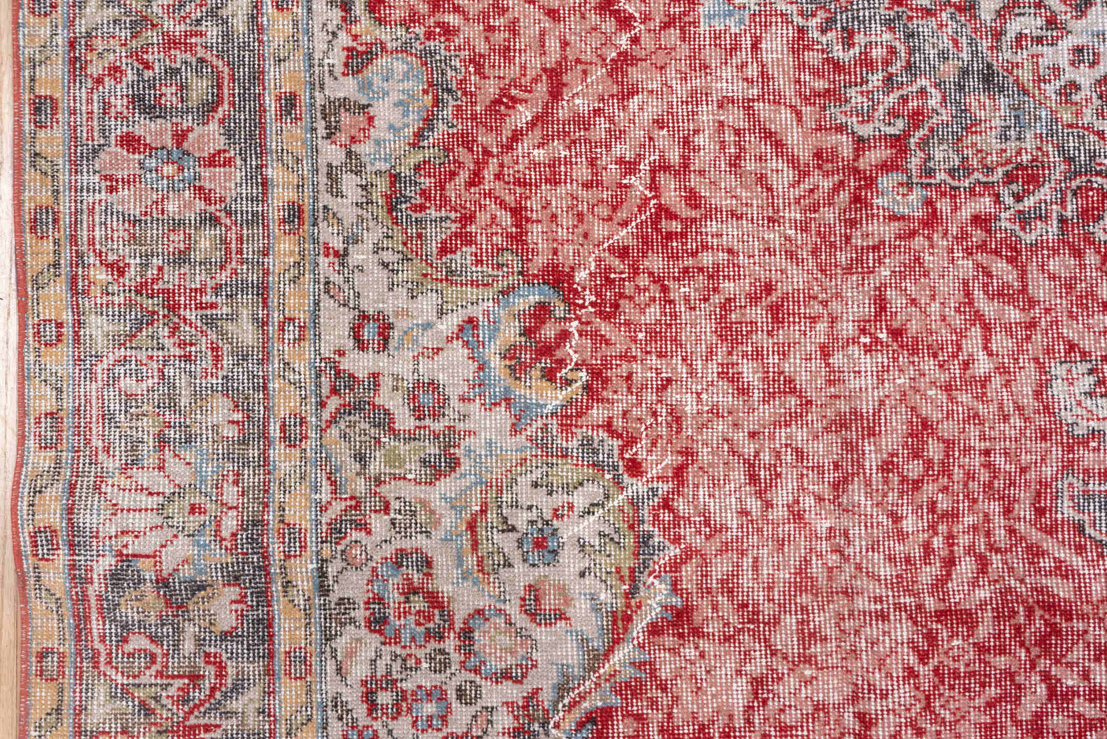 6' x 10' one-of-a-kind handmade vintage Oushak large size rug. Color palette: coral, ivory, pale blue, gray, rose, taupe