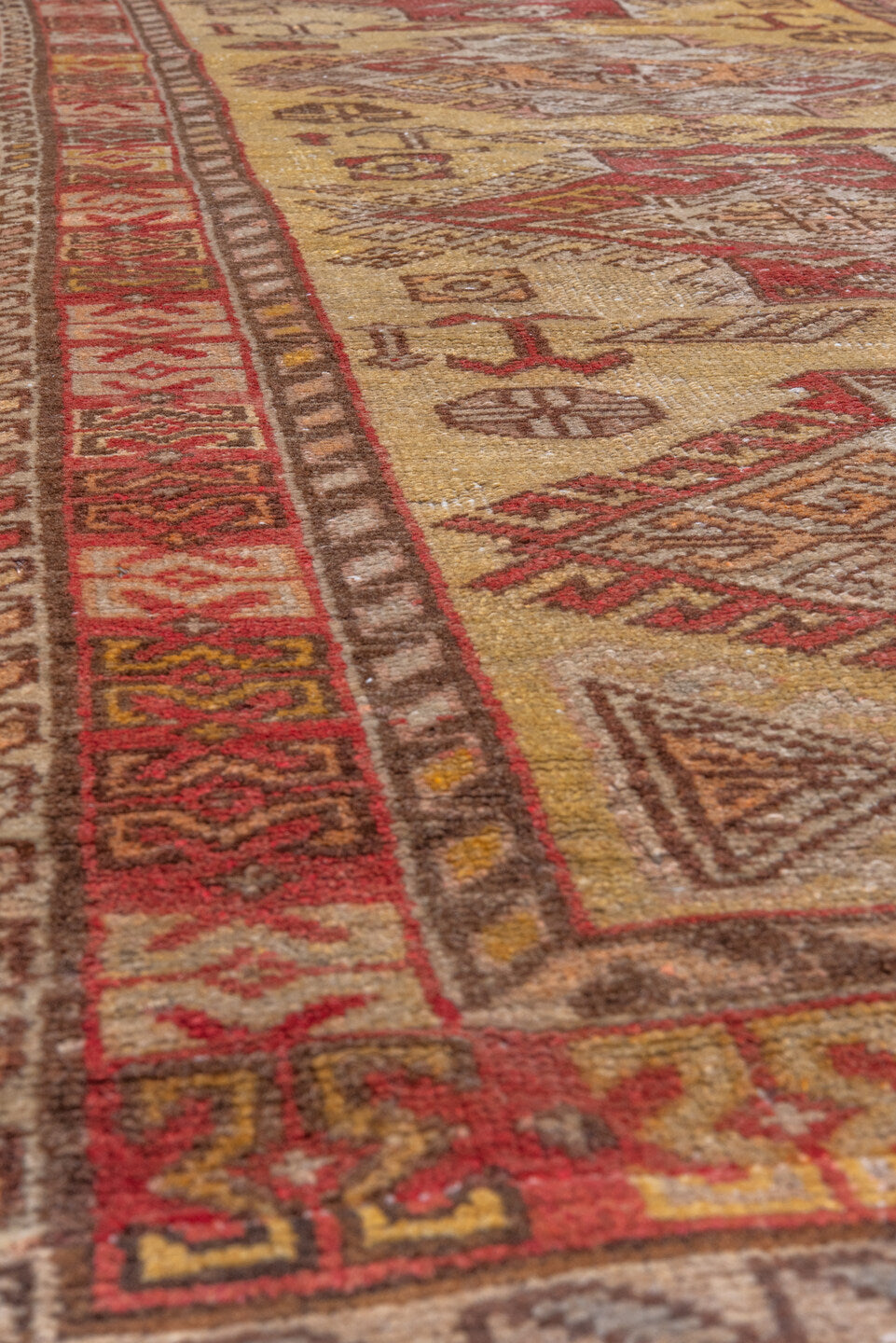 2' x 10' one-of-a-kind handmade vintage Oushak runner rug. Color palette: brown, off-white, pink, red, snow, white