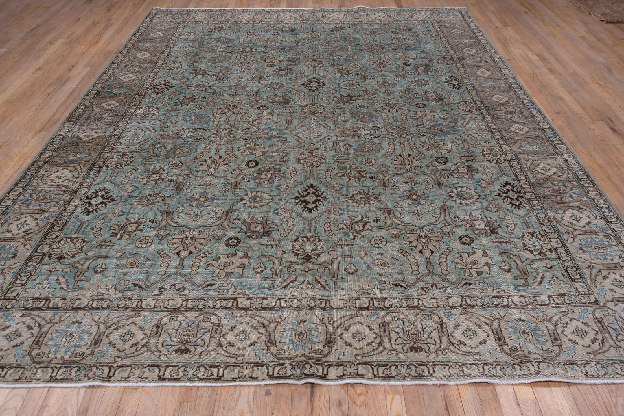 9' x 13' one-of-a-kind handmade vintage Tabriz large size rug. Color palette: light blue, taupe, ivory, brown, sky blue