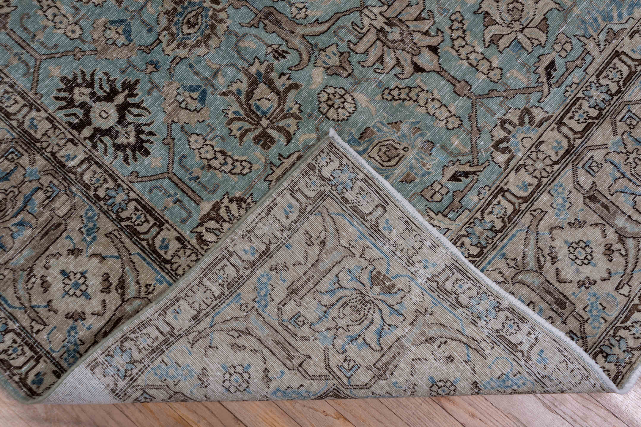 9' x 13' one-of-a-kind handmade vintage Tabriz large size rug. Color palette: light blue, taupe, ivory, brown, sky blue