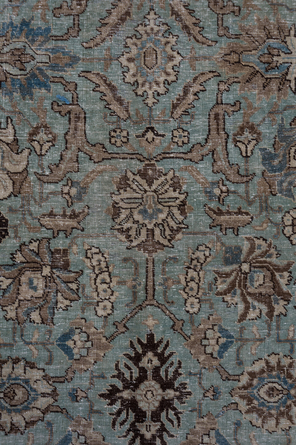 9' x 13' one-of-a-kind handmade vintage Tabriz large size rug. Color palette: light blue, taupe, ivory, brown, sky blue