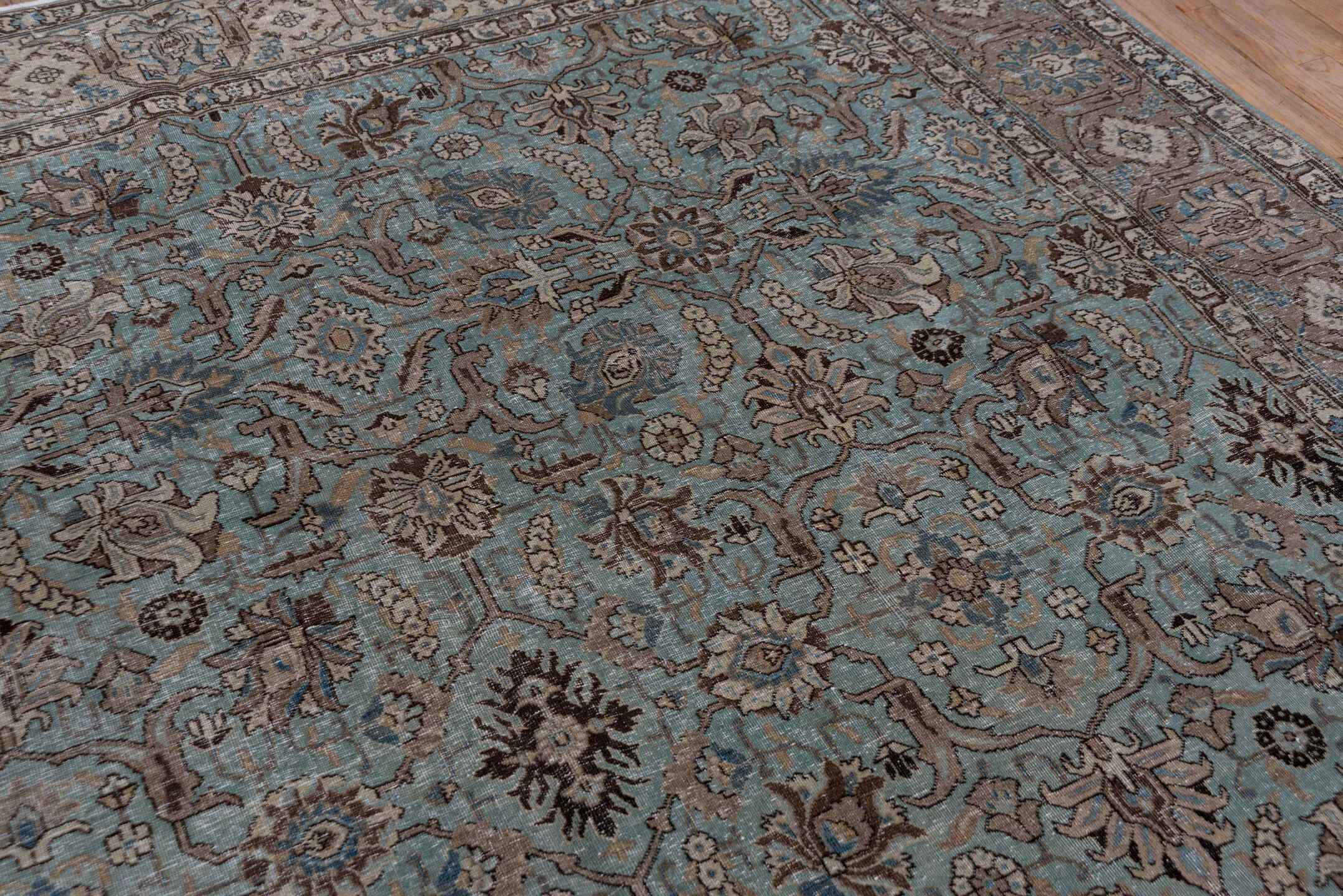 9' x 13' one-of-a-kind handmade vintage Tabriz large size rug. Color palette: light blue, taupe, ivory, brown, sky blue