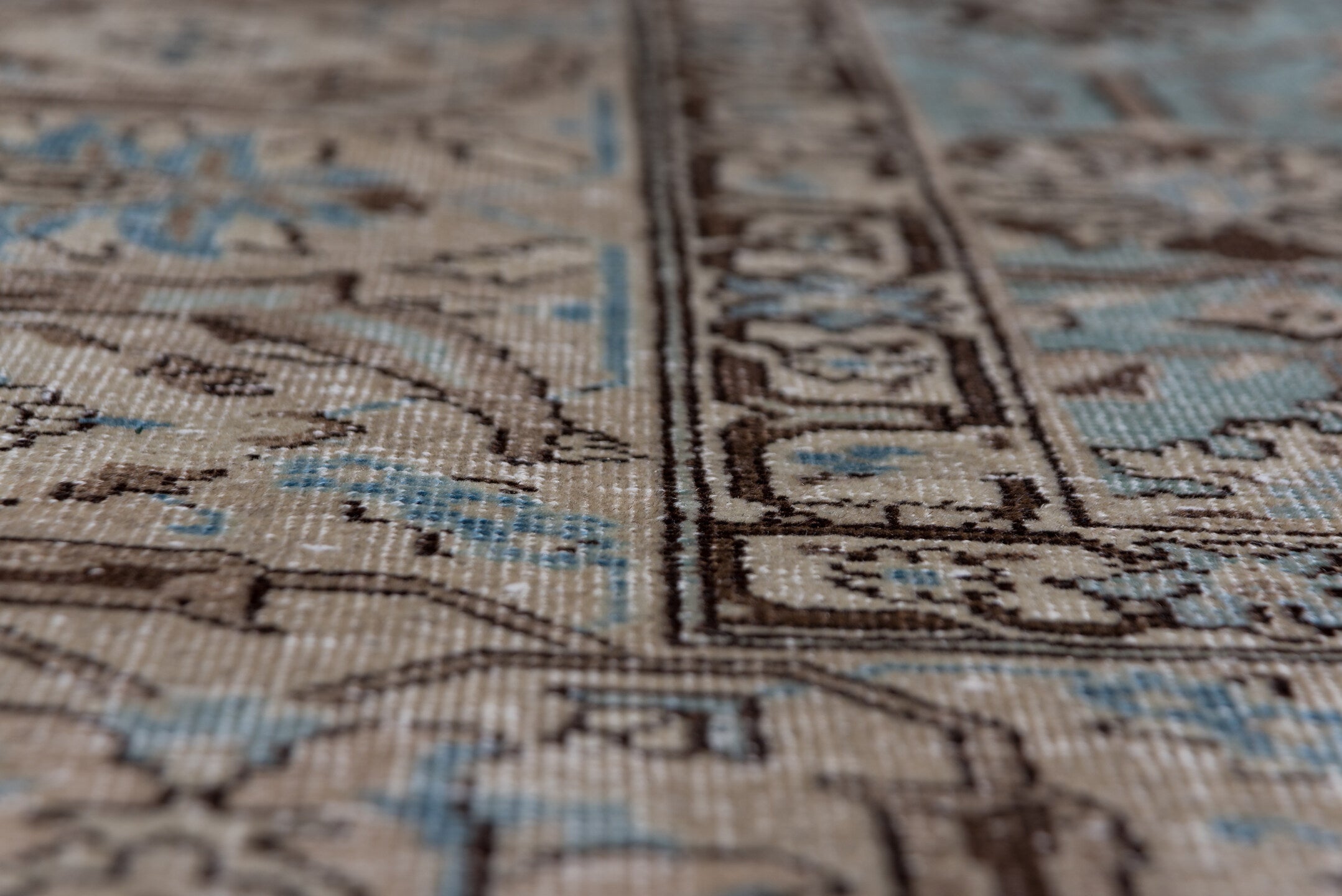 9' x 13' one-of-a-kind handmade vintage Tabriz large size rug. Color palette: light blue, taupe, ivory, brown, sky blue