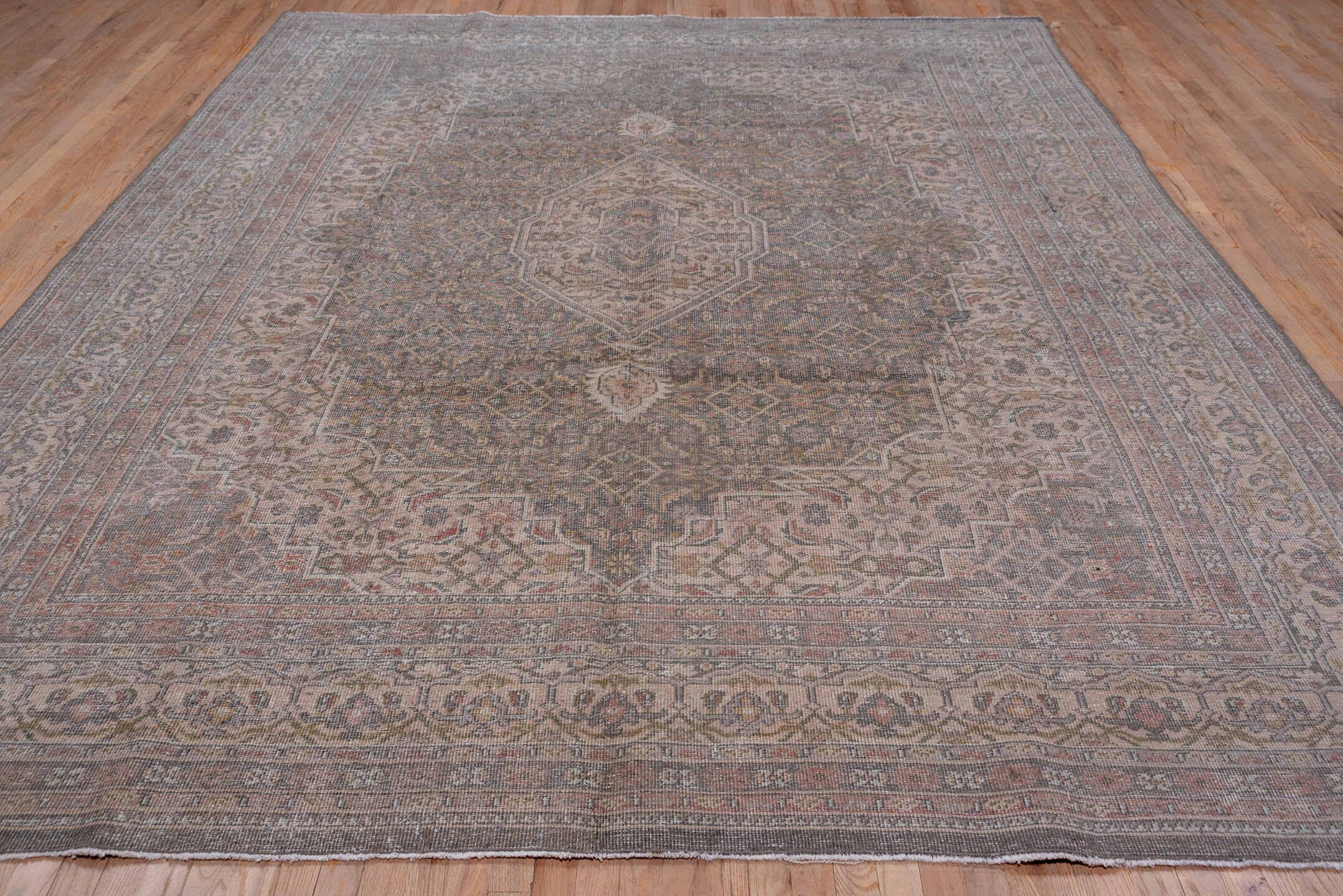 9' x 12' one-of-a-kind handmade vintage Mahal large size rug. Color palette: taupe, ivory, dusty rose, slate, beige