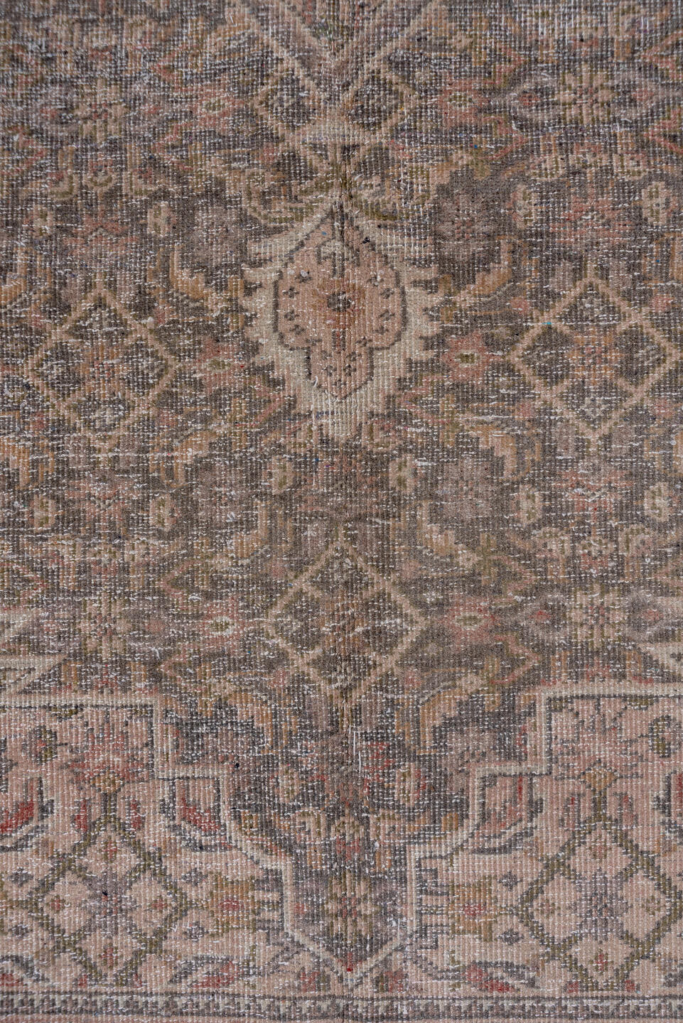9' x 12' one-of-a-kind handmade vintage Mahal large size rug. Color palette: taupe, ivory, dusty rose, slate, beige