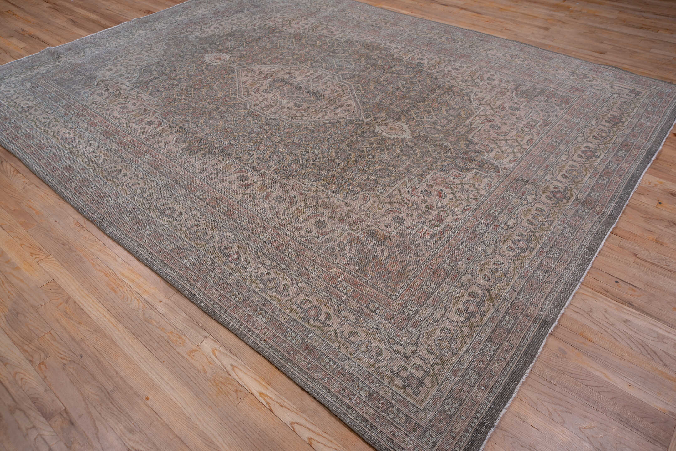 9' x 12' one-of-a-kind handmade vintage Mahal large size rug. Color palette: taupe, ivory, dusty rose, slate, beige
