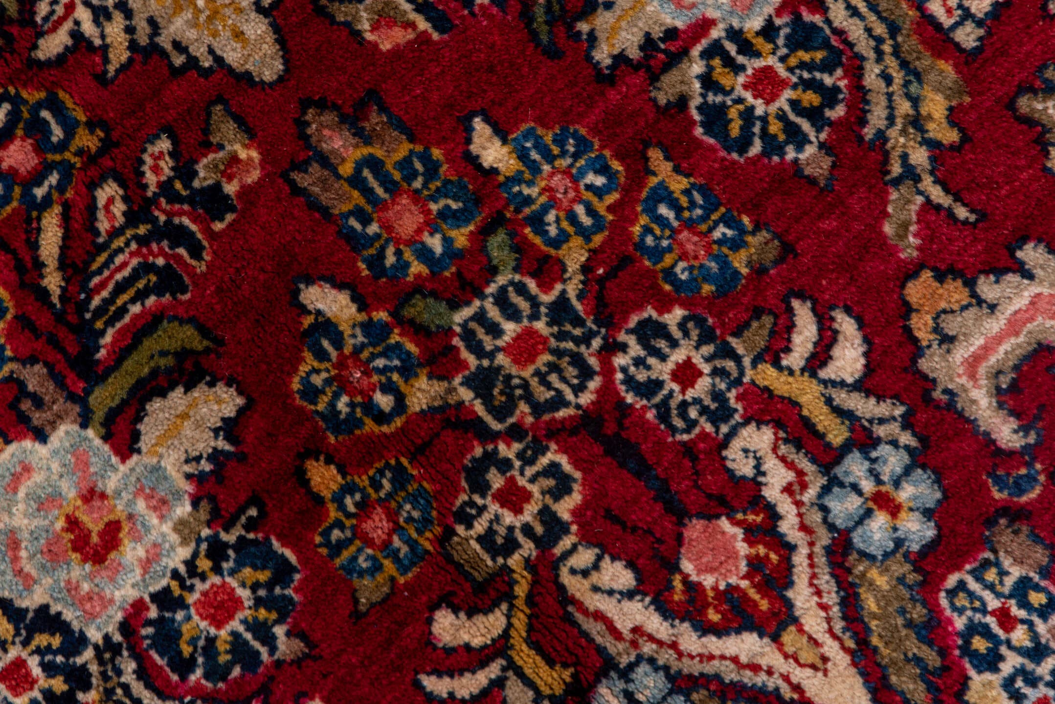 8' x 11' one-of-a-kind handmade antique Sarouk large size rug. Color palette: red, navy, ivory, rose, burgundy, camel, slate