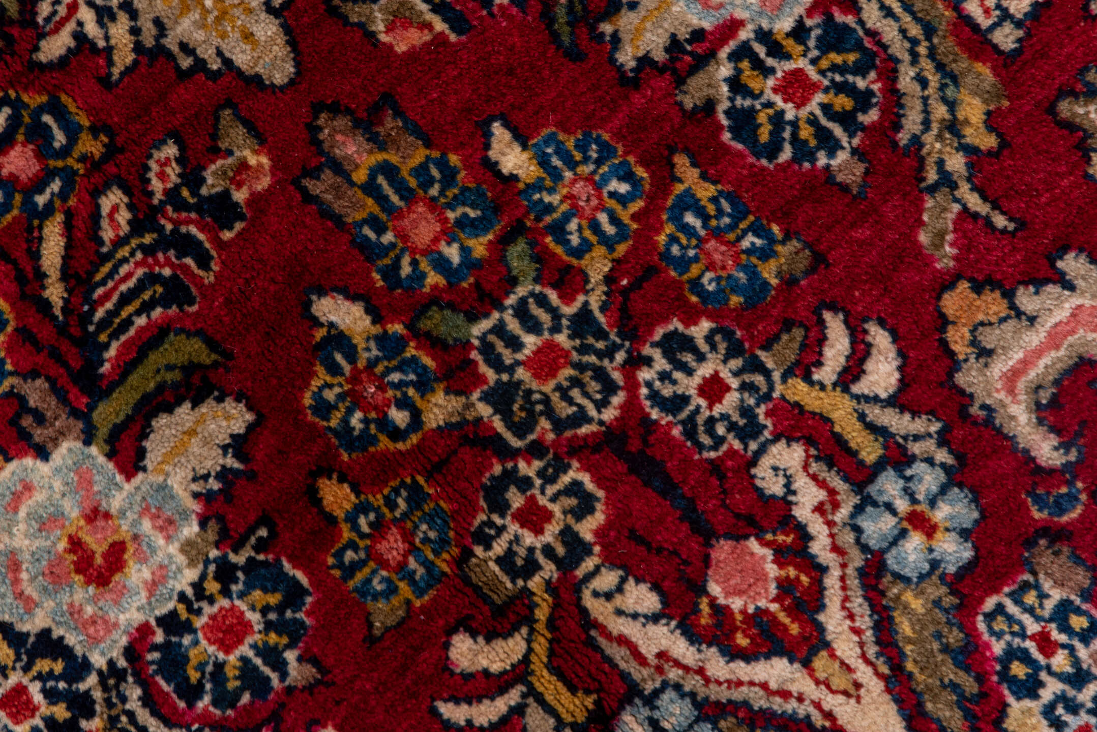 8' x 11' one-of-a-kind handmade antique Sarouk large size rug. Color palette: red, navy, ivory, rose, burgundy, camel, slate