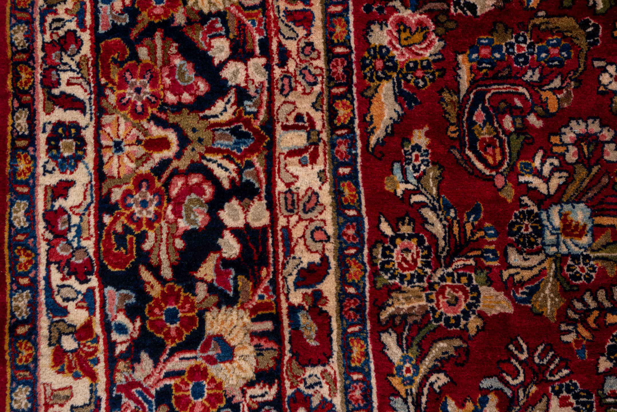 8' x 11' one-of-a-kind handmade antique Sarouk large size rug. Color palette: red, navy, ivory, rose, burgundy, camel, slate
