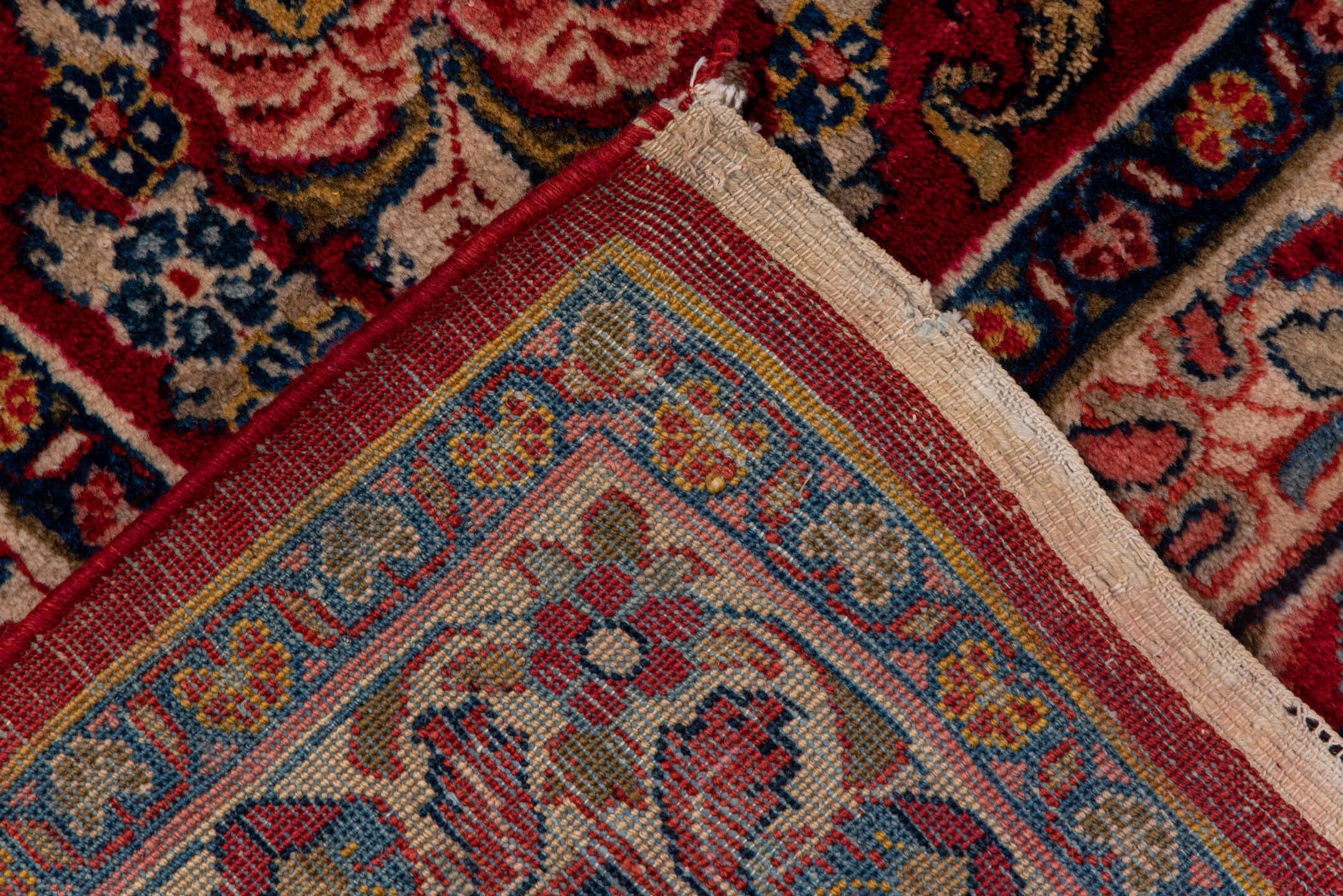 8' x 11' one-of-a-kind handmade antique Sarouk large size rug. Color palette: red, navy, ivory, rose, burgundy, camel, slate