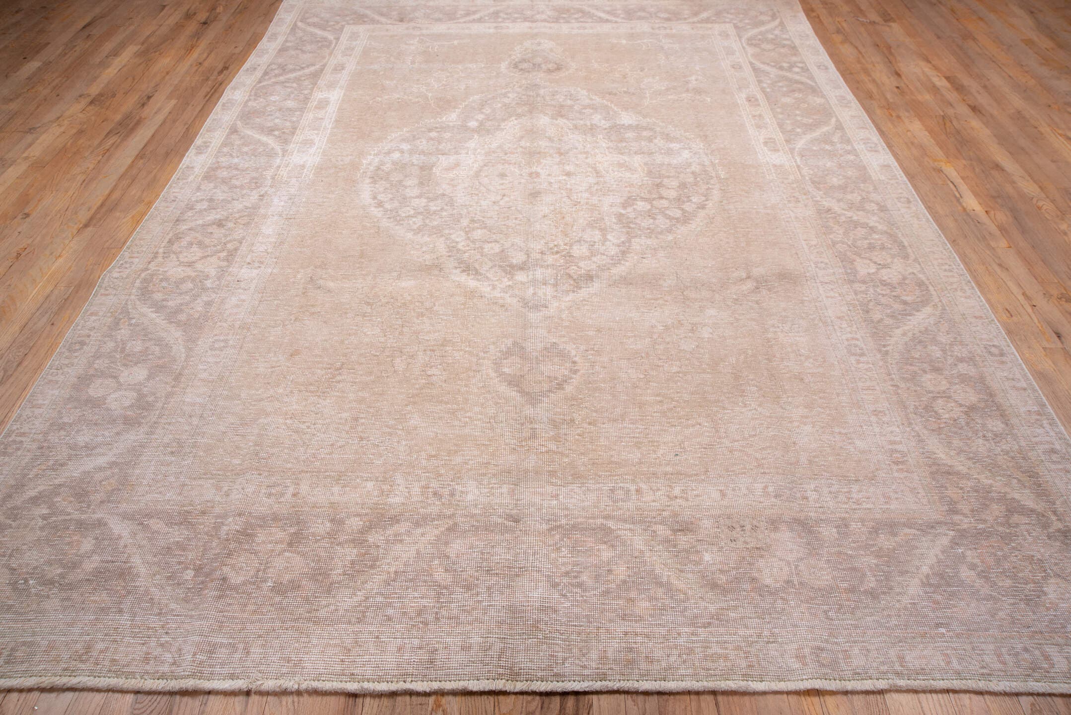 8' x 11' one-of-a-kind handmade vintage Tabriz large size rug. Color palette: blush, ivory, taupe, beige, pewter, pink, gray