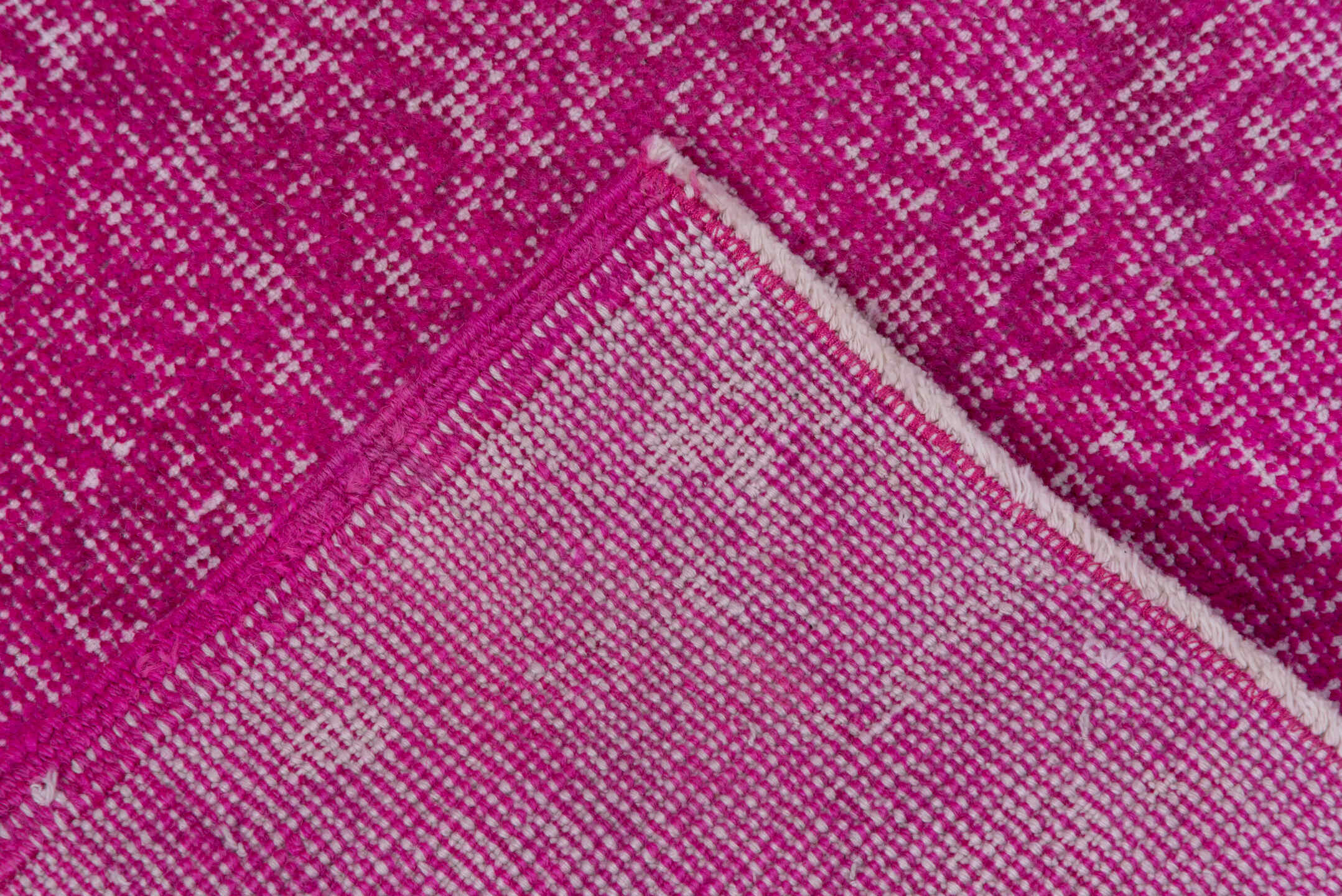2' x 6' one-of-a-kind handmade vintage Overdyed runner rug. Color palette: fuchsia, magenta, rose, ivory, pink, red