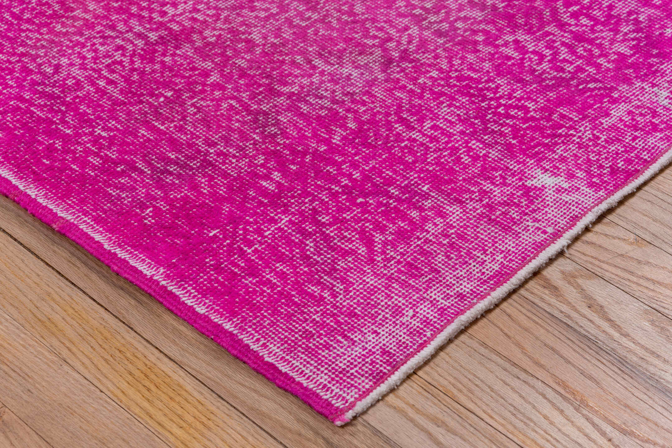 2' x 6' one-of-a-kind handmade vintage Overdyed runner rug. Color palette: fuchsia, magenta, rose, ivory, pink, red