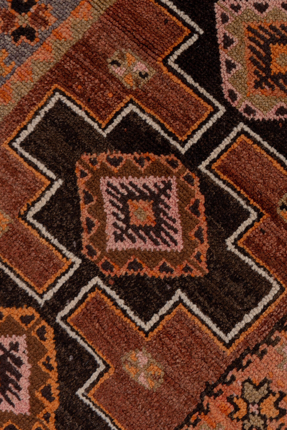 2' x 13' one-of-a-kind handmade vintage Kars runner rug. Color palette: terra cotta, brown, taupe, camel, charcoal, ivory