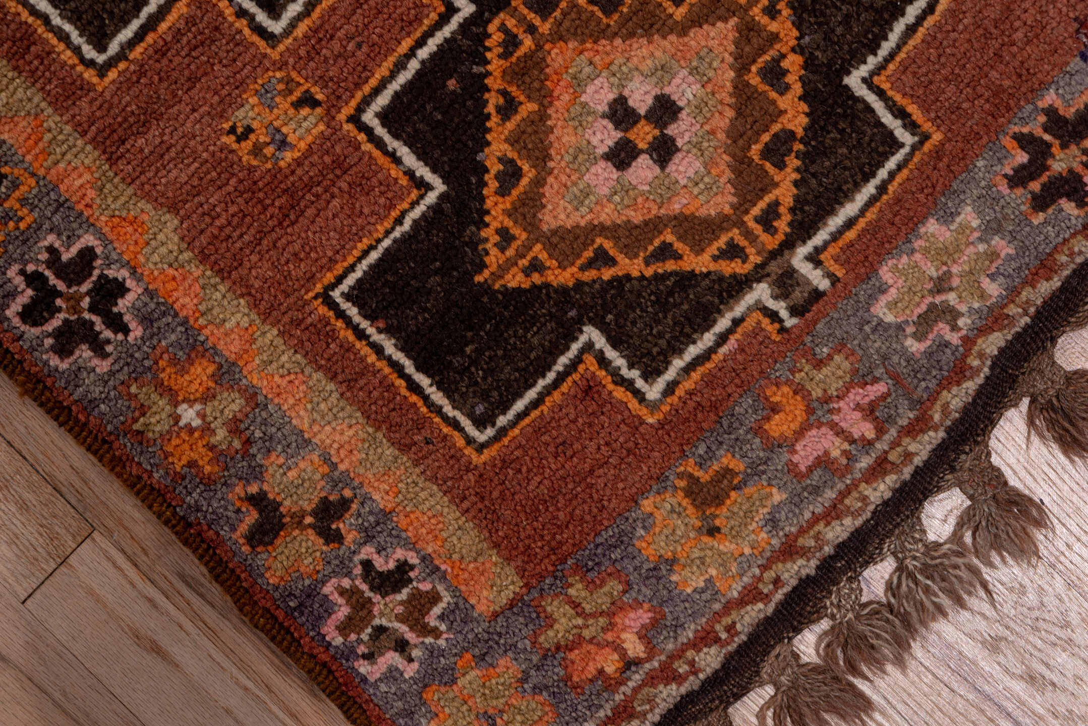 2' x 13' one-of-a-kind handmade vintage Kars runner rug. Color palette: terra cotta, brown, taupe, camel, charcoal, ivory