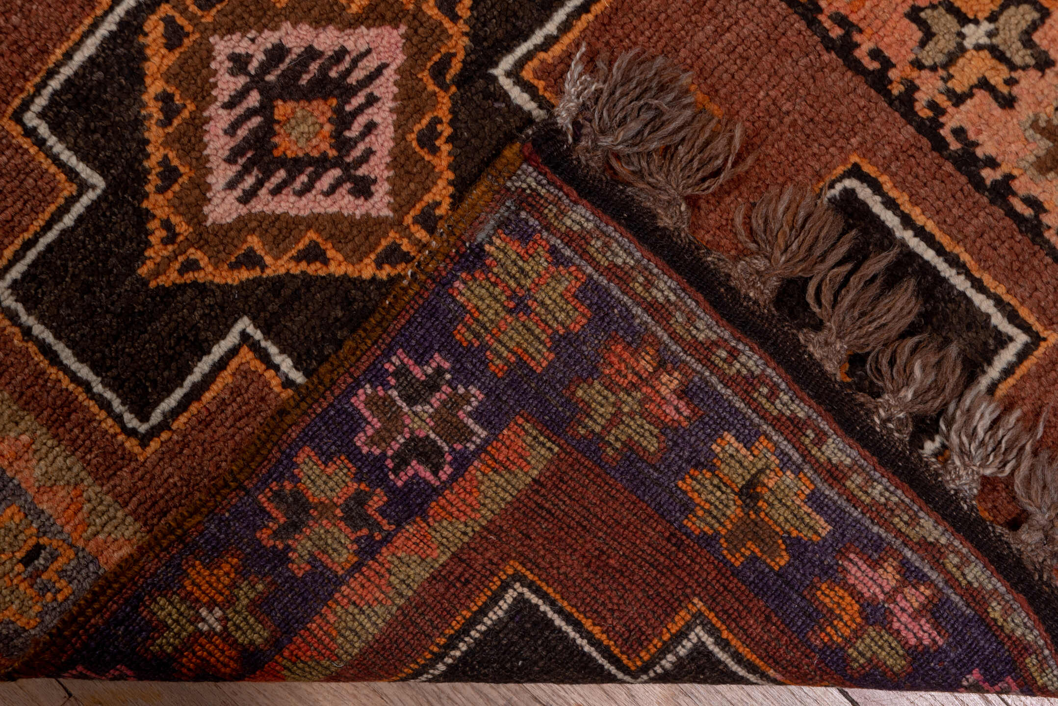 2' x 13' one-of-a-kind handmade vintage Kars runner rug. Color palette: terra cotta, brown, taupe, camel, charcoal, ivory