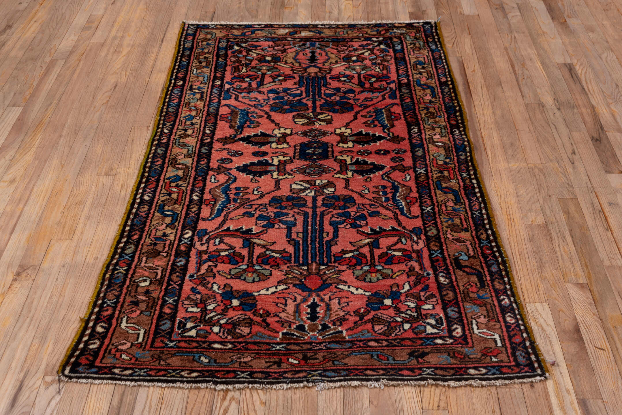 3' x 6' one-of-a-kind handmade vintage Lilian small size rug. Color palette: rose, navy, dusty pink, ivory, taupe, rust