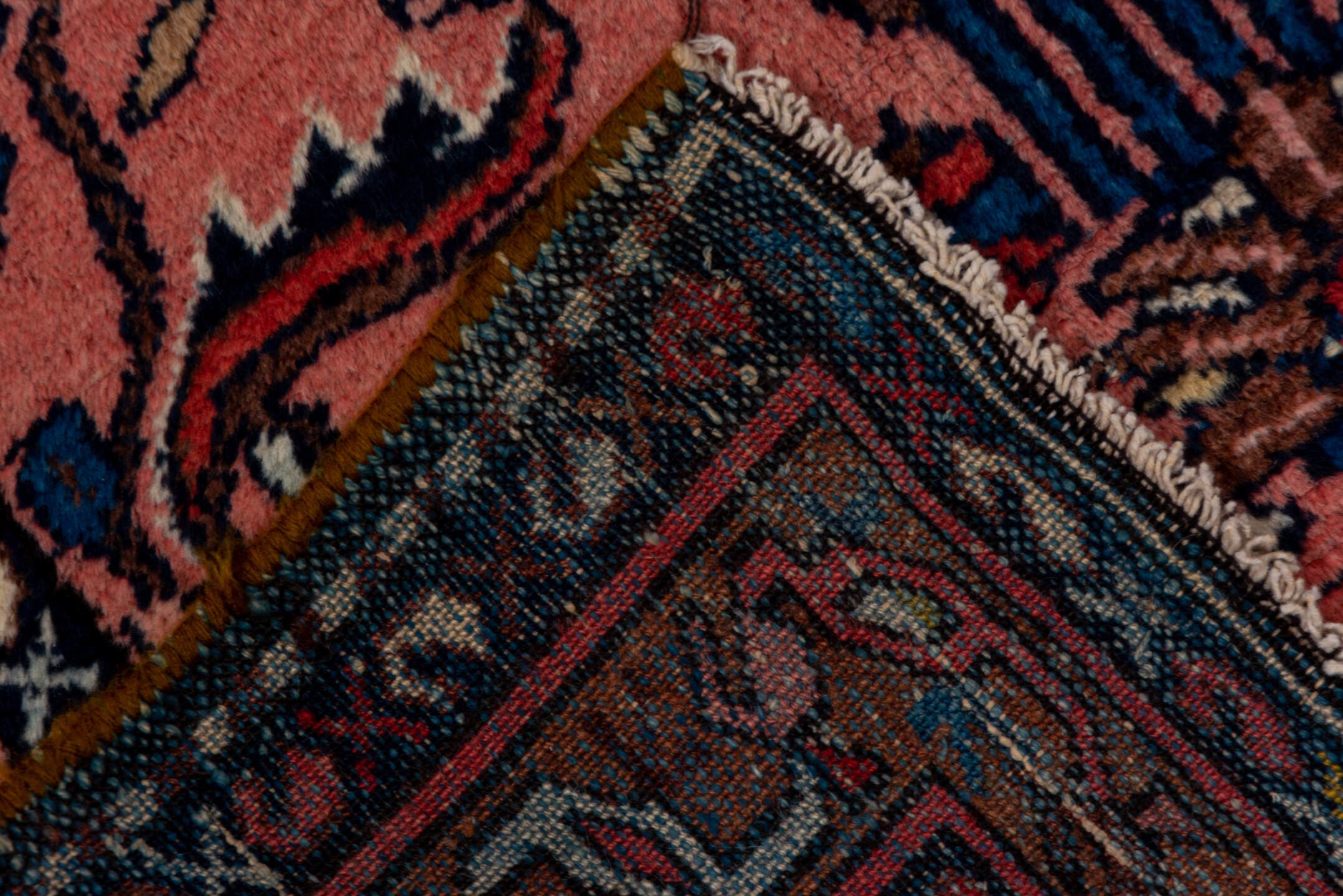 3' x 6' one-of-a-kind handmade vintage Lilian small size rug. Color palette: rose, navy, dusty pink, ivory, taupe, rust