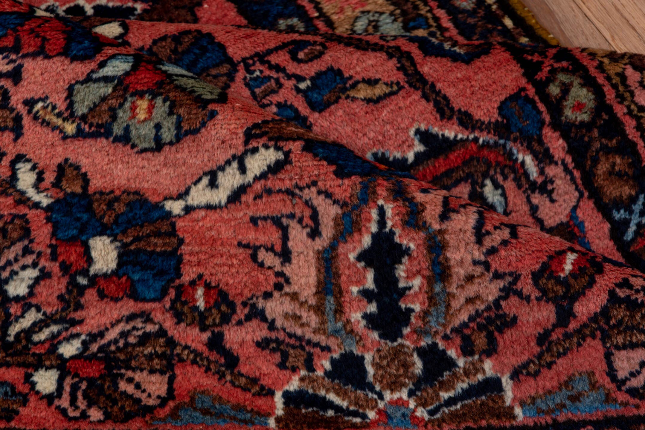3' x 6' one-of-a-kind handmade vintage Lilian small size rug. Color palette: rose, navy, dusty pink, ivory, taupe, rust