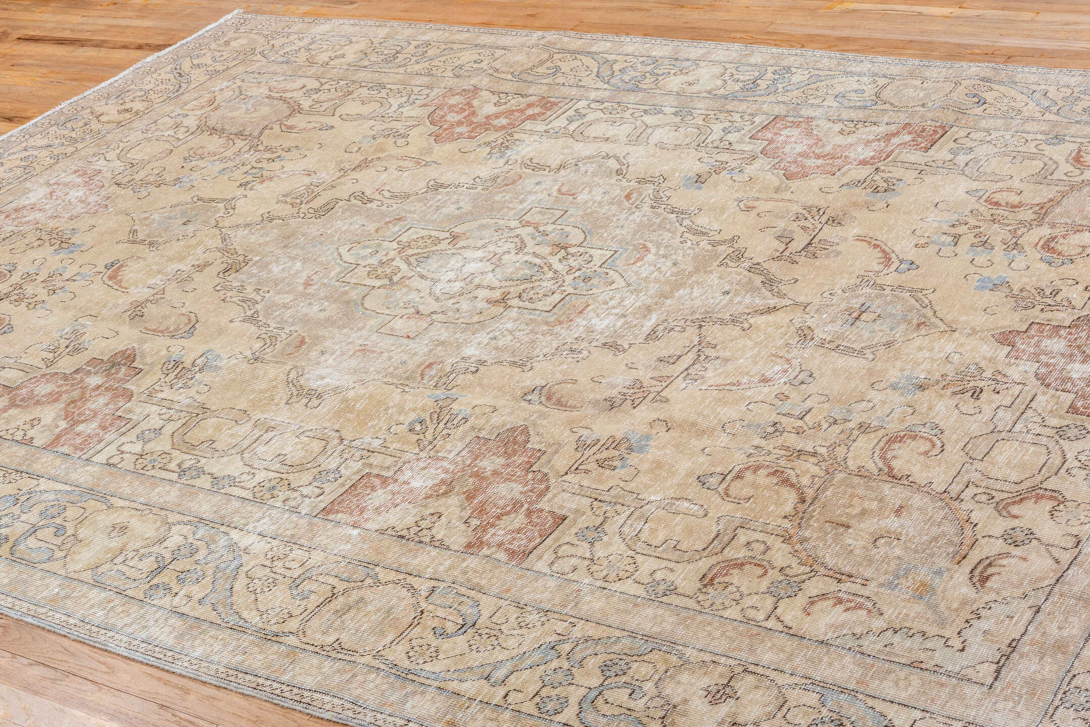 8' x 11' one-of-a-kind handmade vintage Tabriz large size rug. Color palette: ivory, beige, taupe, pale blue, dusty rose