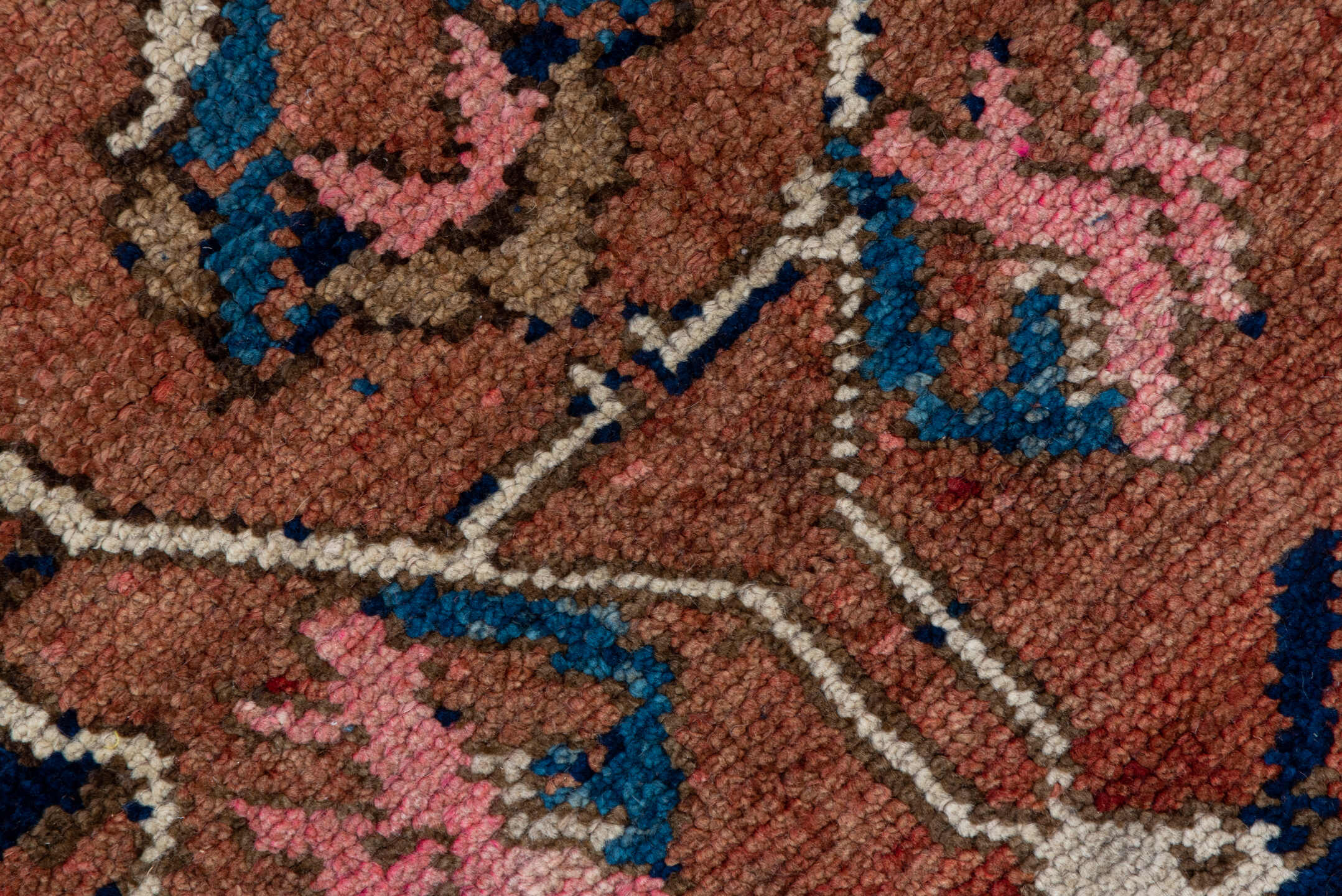 7' x 13' one-of-a-kind handmade antique Karabagh large size rug. Color palette: rose, rust, taupe, indigo, ivory, camel