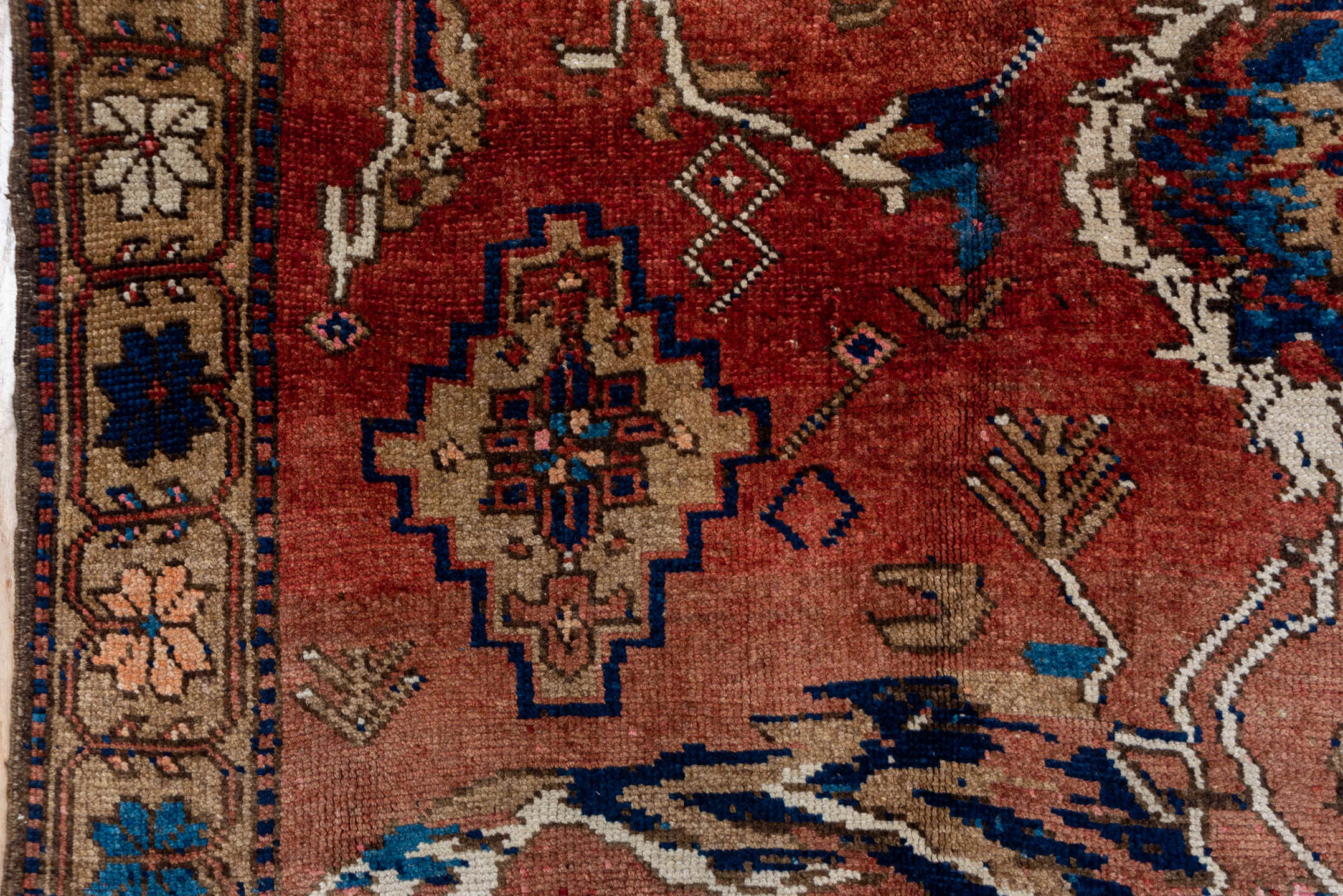 7' x 13' one-of-a-kind handmade antique Karabagh large size rug. Color palette: rose, rust, taupe, indigo, ivory, camel