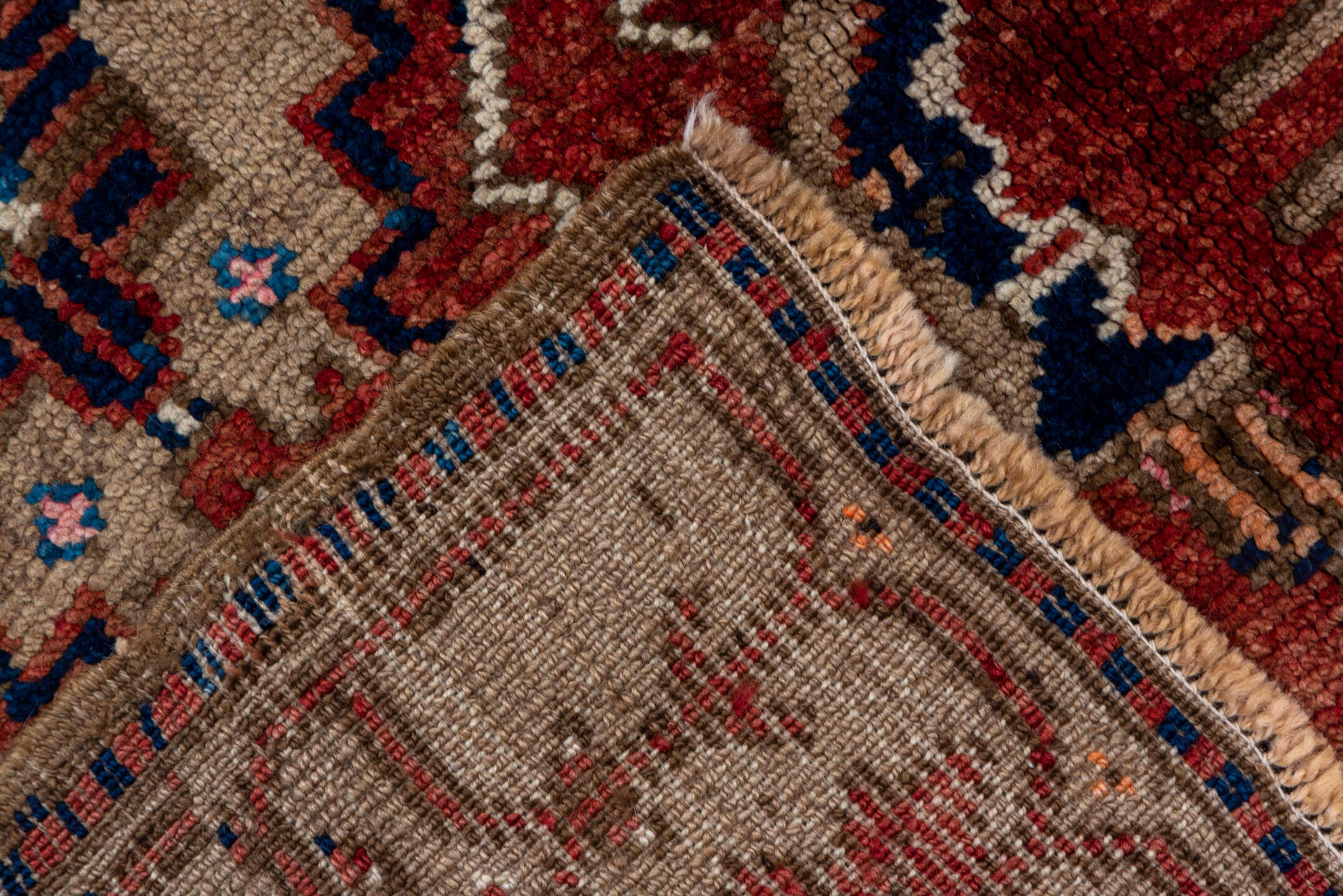 7' x 13' one-of-a-kind handmade antique Karabagh large size rug. Color palette: rose, rust, taupe, indigo, ivory, camel